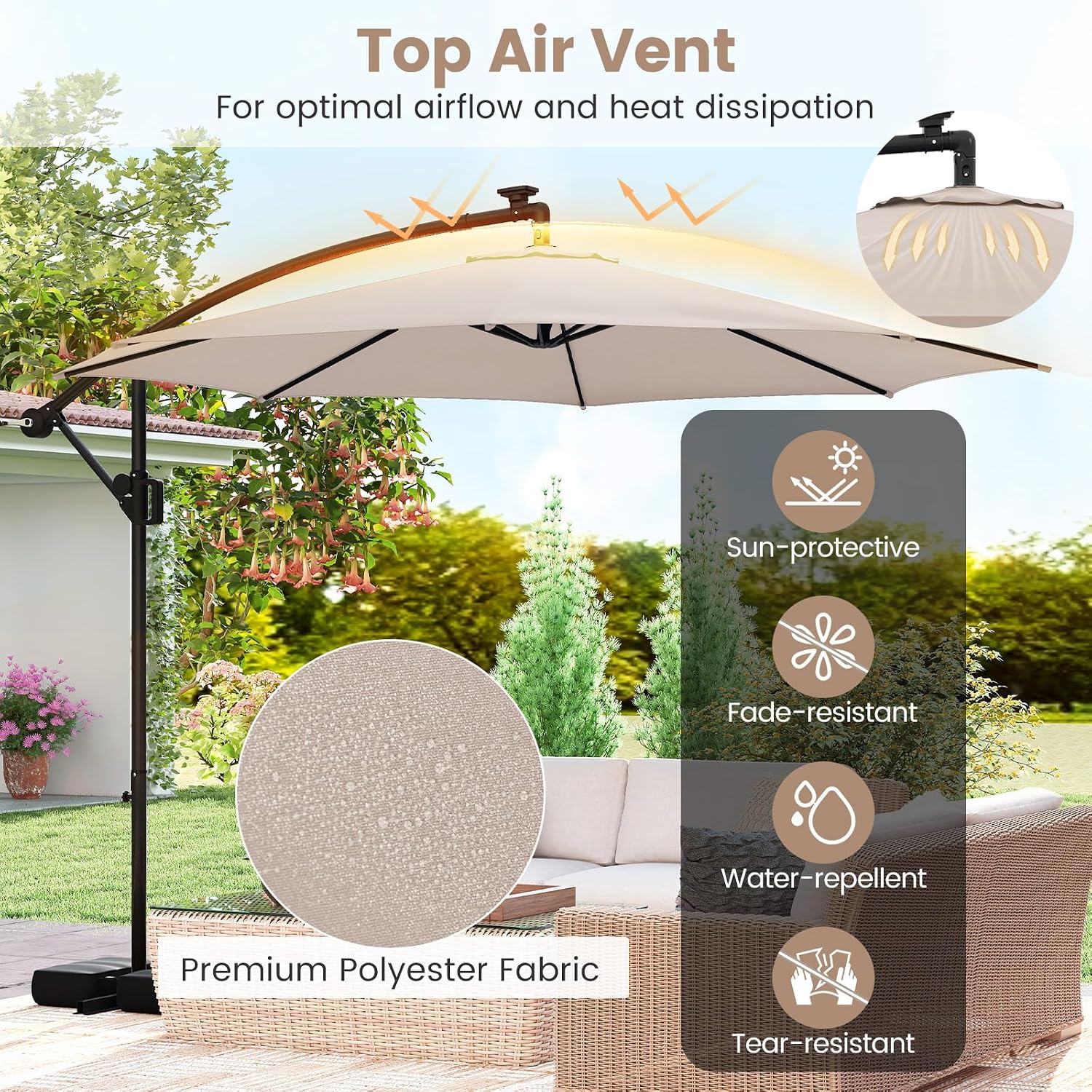 Tangkula 10 FT Solar Patio Umbrella with Base Included, Cantilever Offset Hanging Outdoor Umbrella with 96 Multi-Colored Flowing LED Lights, 9 Modes, Tilt Adjustment, 360° Rotation, Crank for Pool Yard Deck Lawn (Beige)