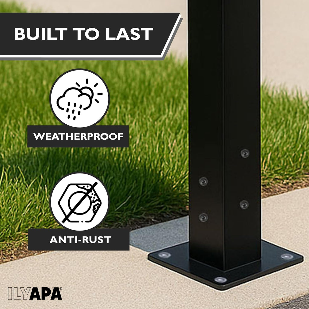 Ilyapa Black Mailbox Post & Mounting Plate Kit: 43x4x4 Metal Sleeve for Residential Curbside Mailboxes with Universal Brackets, No Wood Required