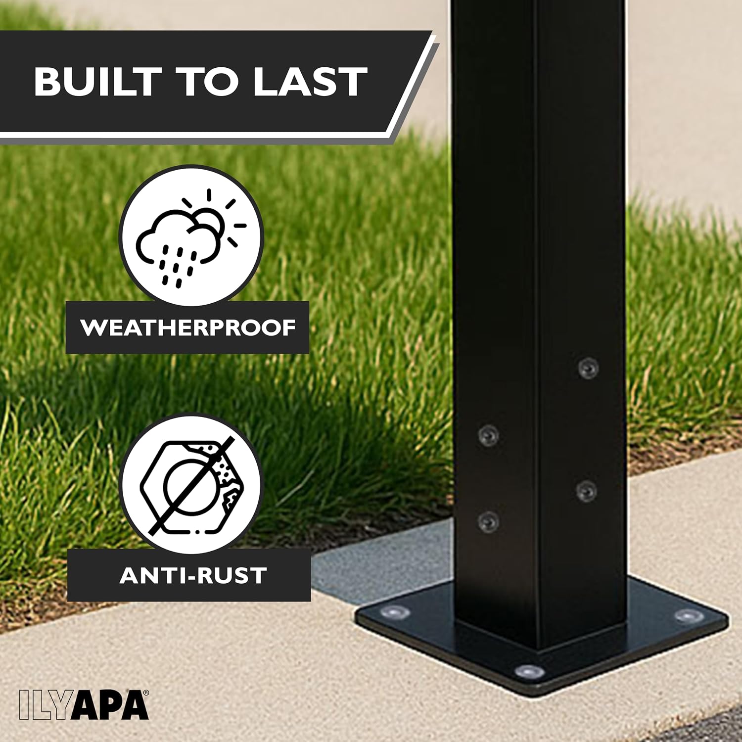 Ilyapa Black Mailbox Post & Mounting Plate Kit: 43x4x4 Metal Sleeve for Residential Curbside Mailboxes with Universal Brackets, No Wood Required