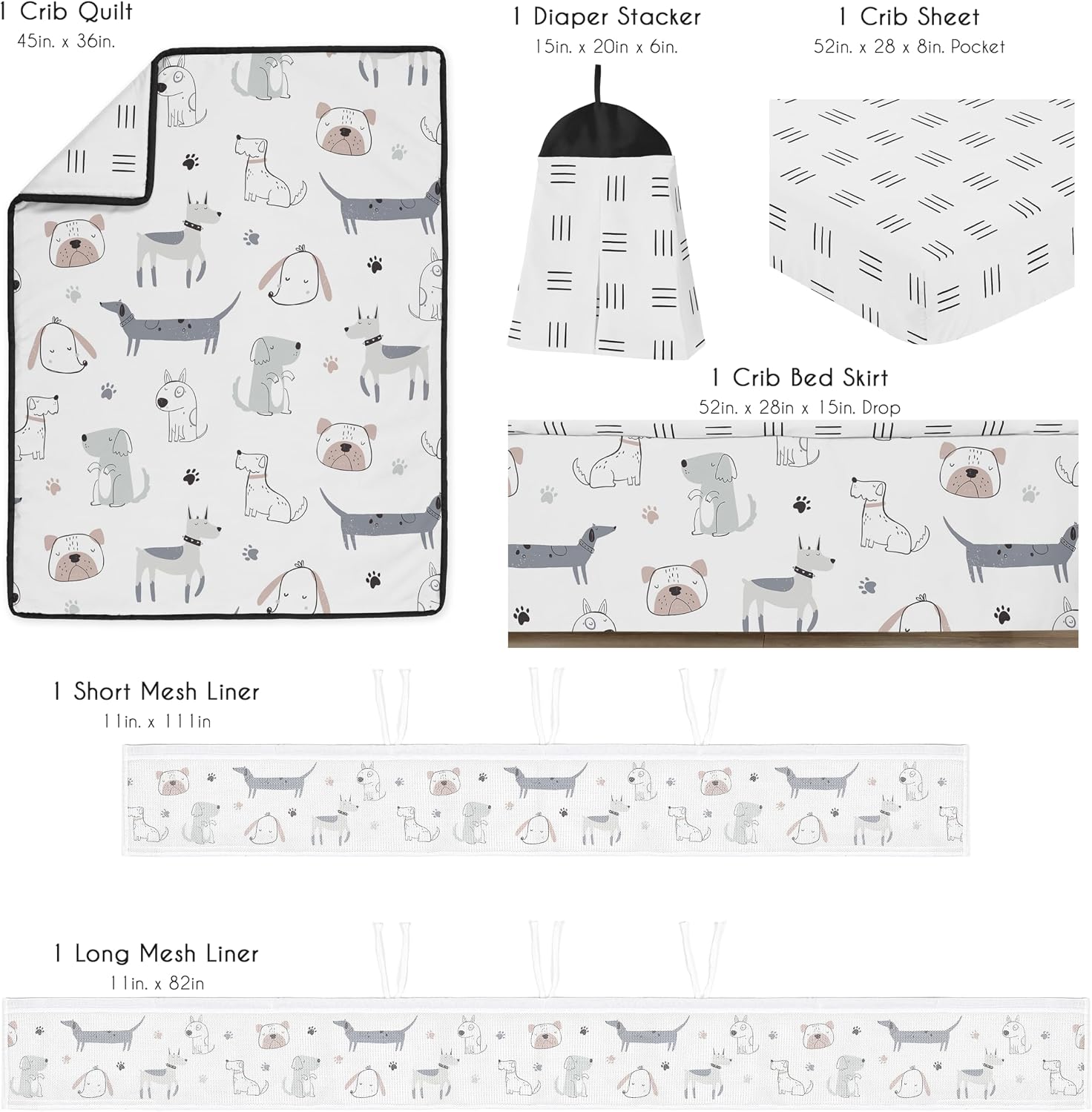 Sweet Jojo Designs 6-Piece Baby Crib Bedding Set (Dog) for Boys/Girls, Infants/Nursery incl. BreathableBaby Mesh Liner Blanket, Fitted Sheet, Skirt, Diaper Stacker (Gender Neutral, Modern, Puppy, Pet)
