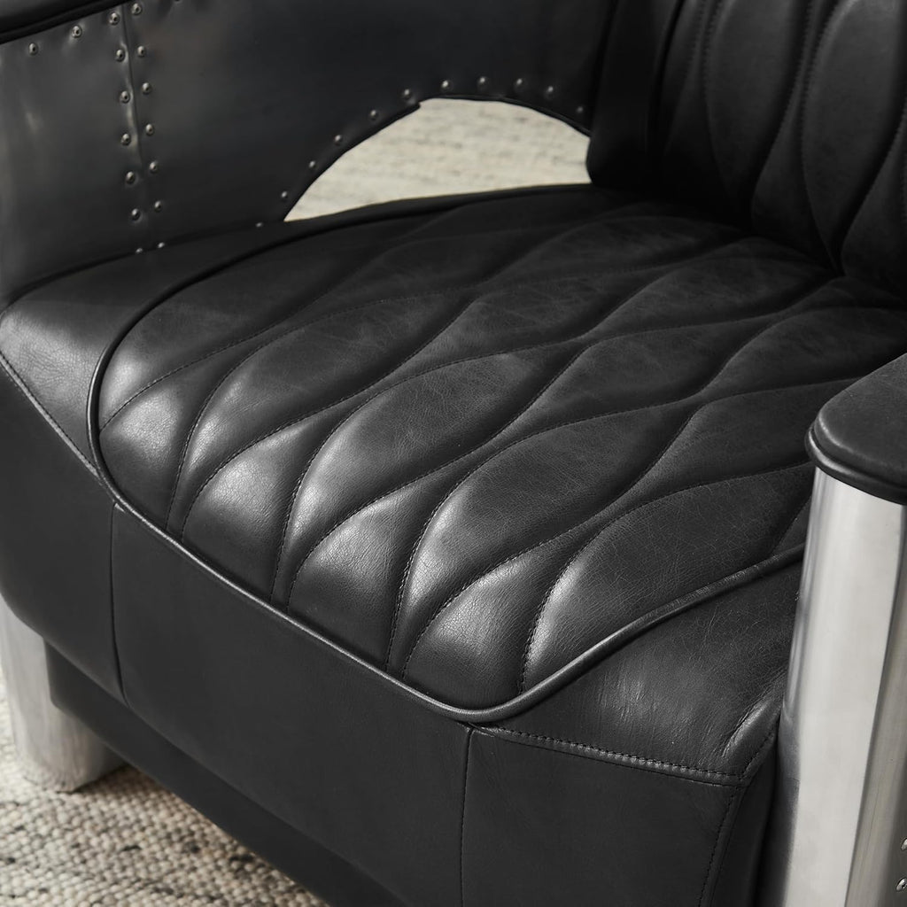 Zouron Vintage Leather Accent Chair, Upholstered Living Room Chair with Aluminum Legs and Handcrafted Rivets, Genuine Leather Single Sofa Chair Barrel Aviator Chair, Black