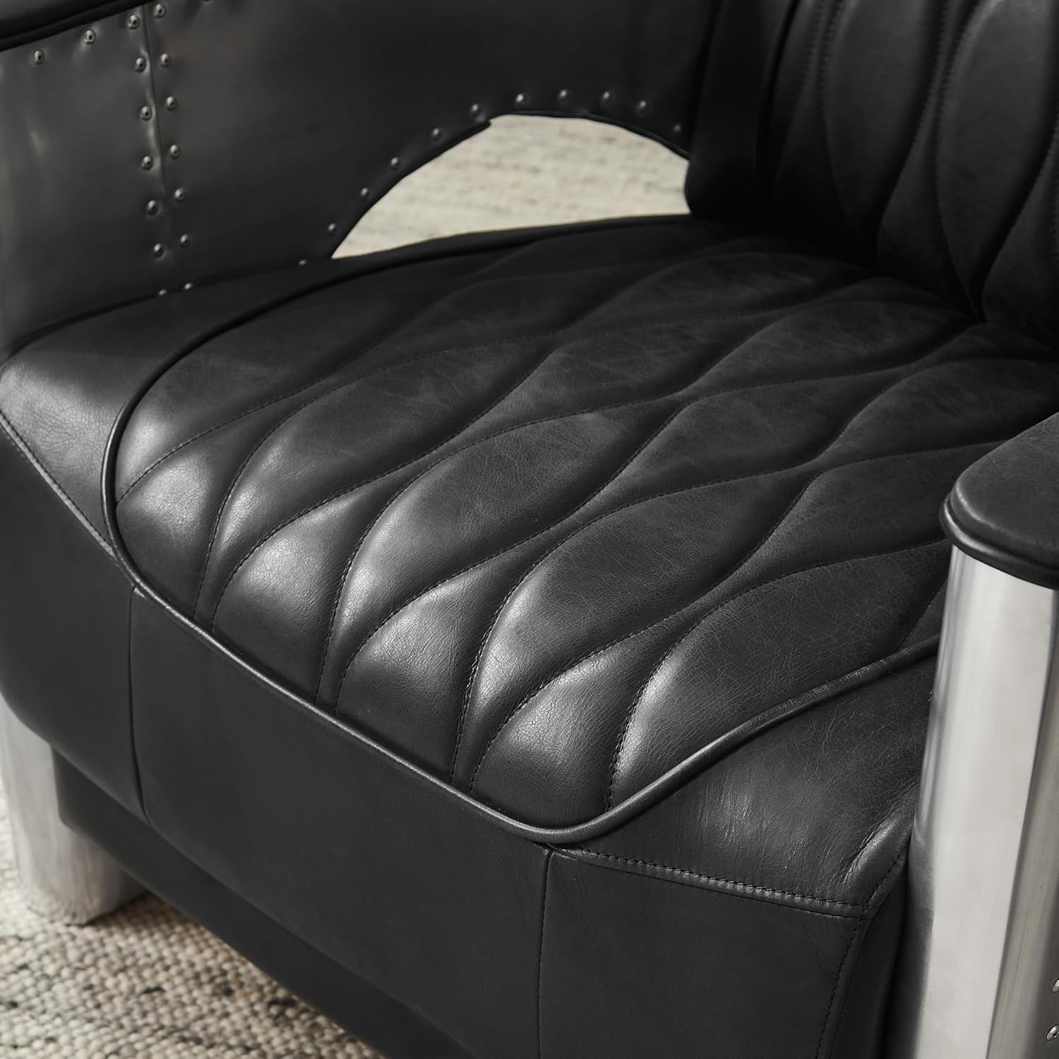 Zouron Vintage Leather Accent Chair, Upholstered Living Room Chair with Aluminum Legs and Handcrafted Rivets, Genuine Leather Single Sofa Chair Barrel Aviator Chair, Black