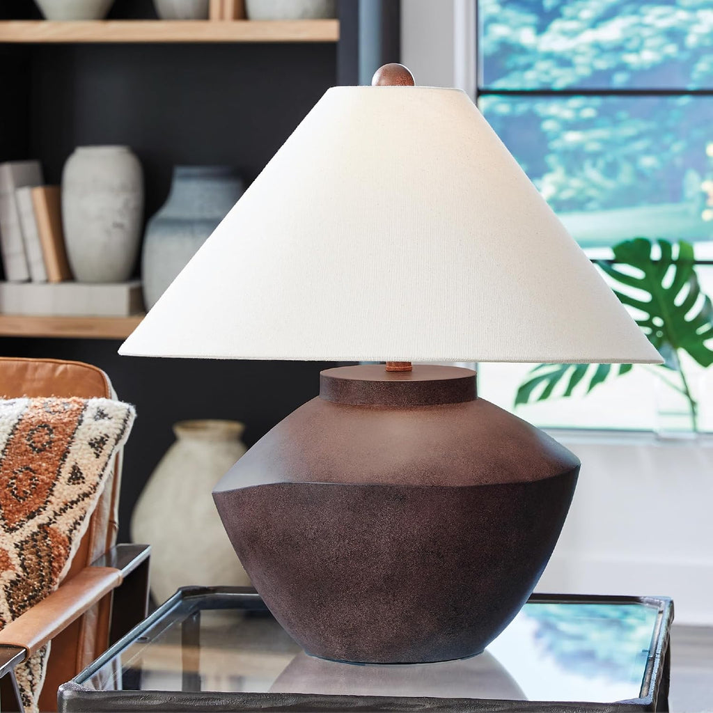 Signature Design by Ashley Honsworth Mid Century Modern Table Lamp with Empire Shade, Dark Brown