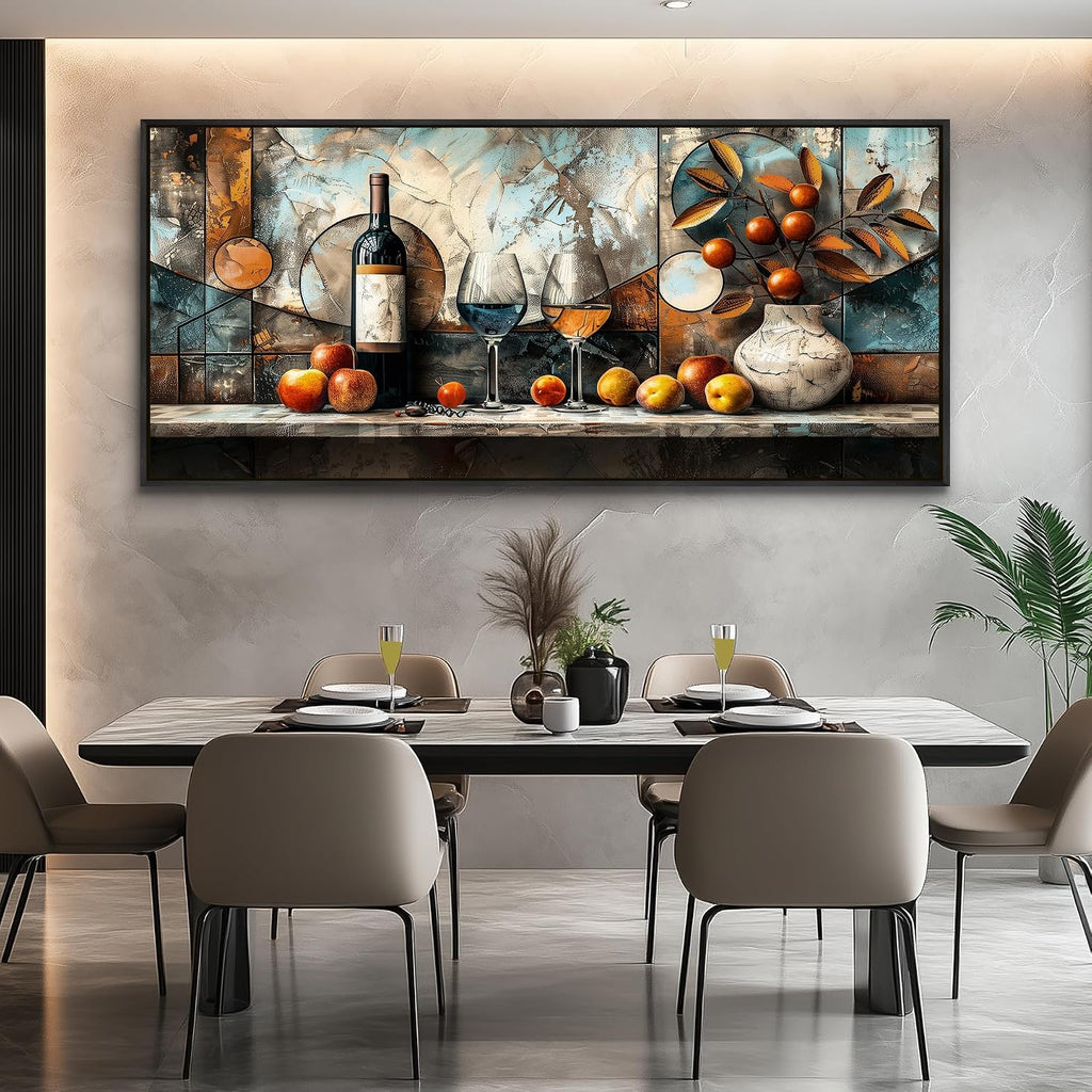 XIGUANGART Kitchen Pictures Wall Decor,Extra Large Framed Wall Art,Fruit Harvest Still Life Wall Art For Dining Room Vintage Picture Artwork Wine Glass Painting Pub Living Room Home Decor 32x72 In