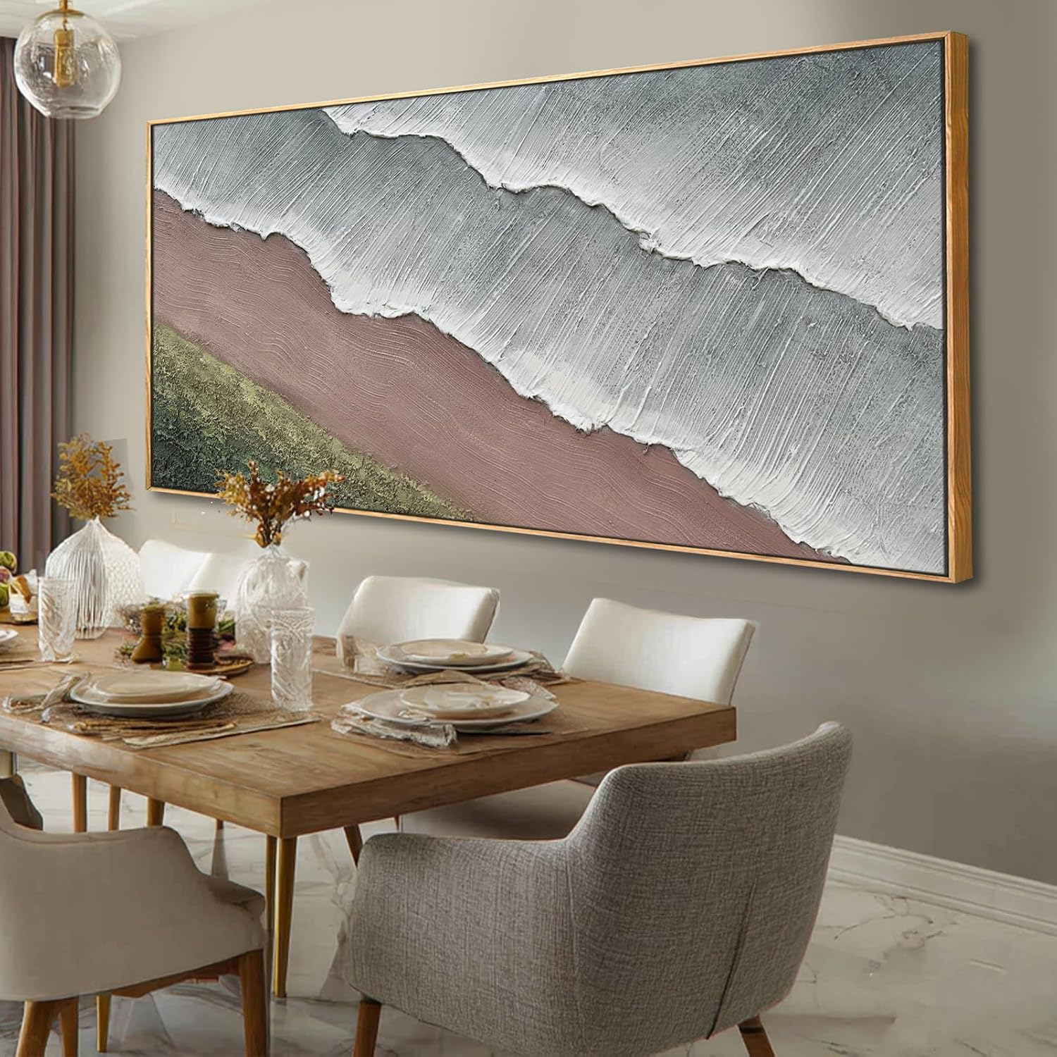 SHEYOYE Grey Blue and Taupe Abstract Mountain Canvas Wall Art with Olive Green Hills, 32x71 Large Textured Landscape Decor in Wooden Frame for Living Room Bedroom Entryway