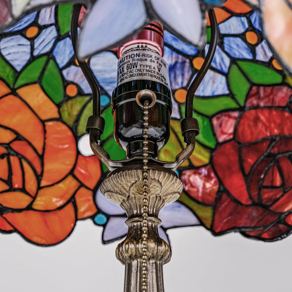 Tiffany Style Stained Glass Table Lamp, Floral Pattern Desk Light with Antique Bronze Resin Base, Red Roses Decorative Lighting for Bedroom, Living Room, Office 12X12X19 Inch