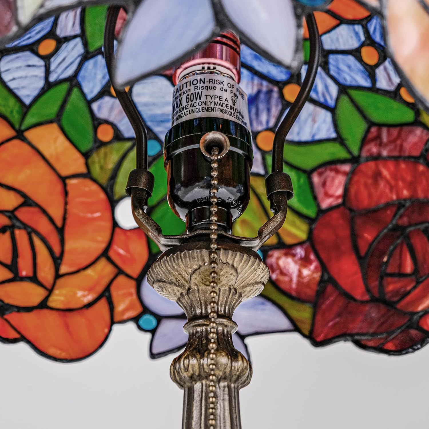 Tiffany Style Stained Glass Table Lamp, Floral Pattern Desk Light with Antique Bronze Resin Base, Red Roses Decorative Lighting for Bedroom, Living Room, Office 12X12X19 Inch