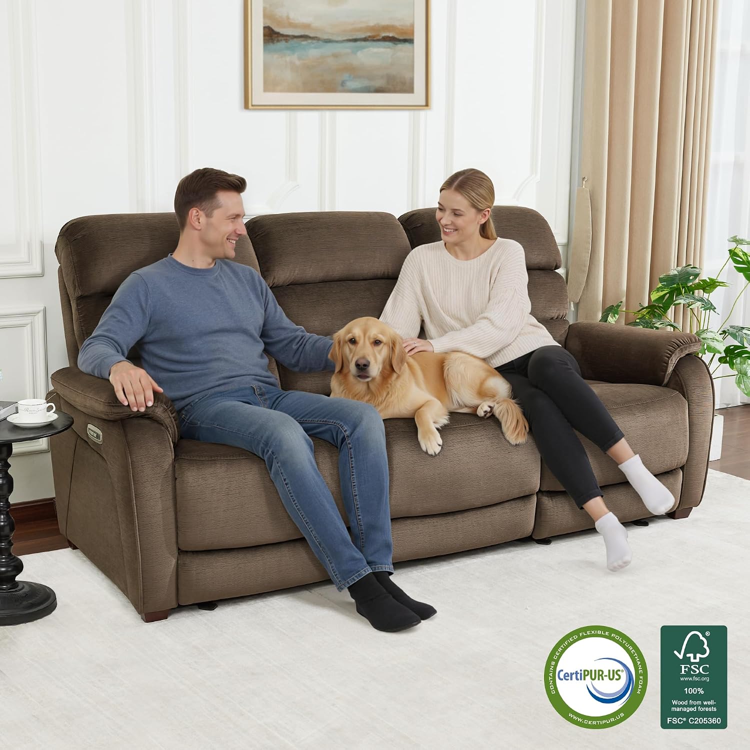 MCombo 87.2'' Wall Hugger Power Recliner Sofa with Drop Down Table, Reclining Sofa with Adjustable Headrest, USB Charge Ports, Reading Lamp, for Living Room, RVs, Fabric, ST258M3 (3-Seater, Coffee)