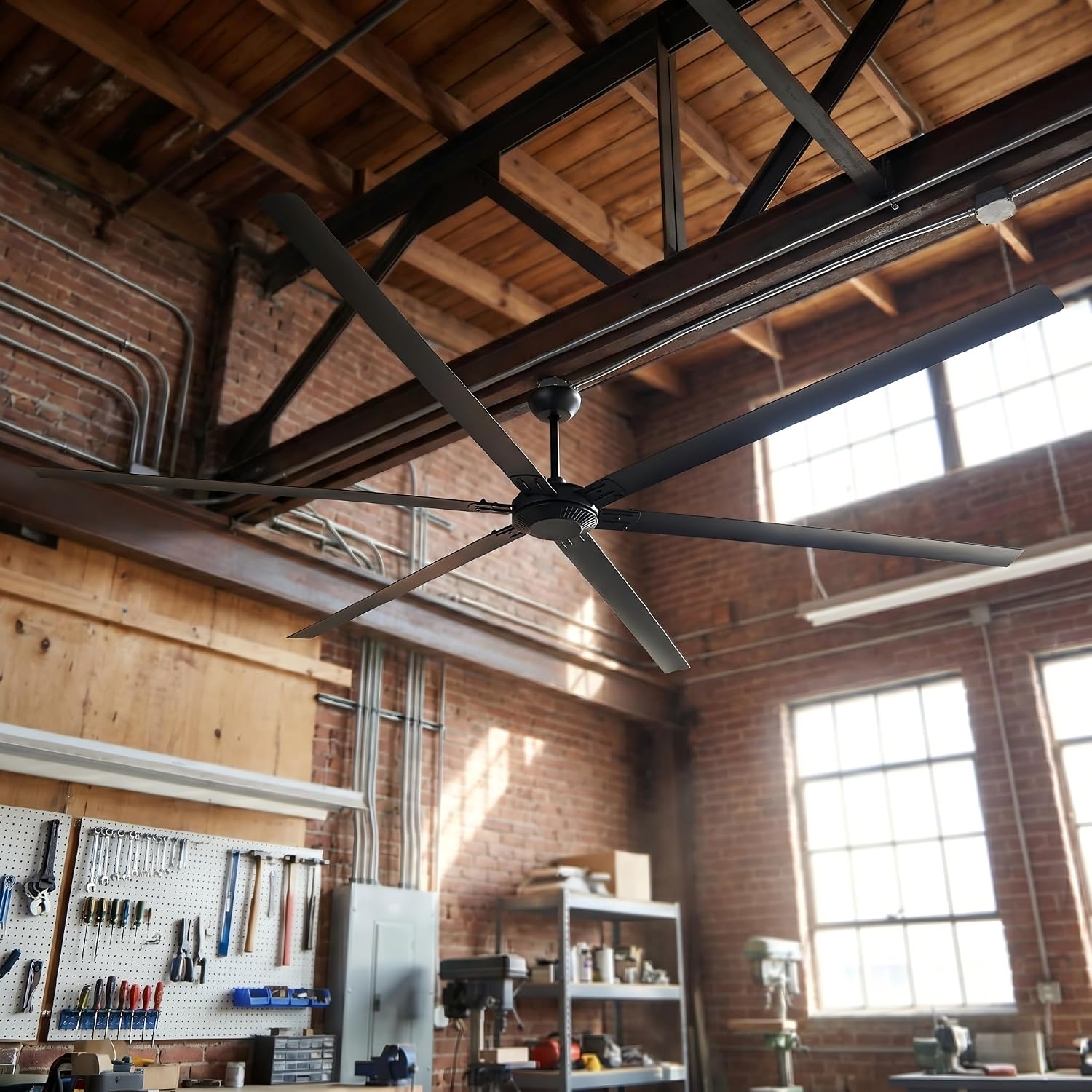 120 Inch Industrial Ceiling Fans without Lights, DC Motor Large Shop Garage Ceiling Fan with Remote, 36000 CFM High Airflow Big Ceiling Fan, Reversible Metal Commercial Fan for Warehouse Barn