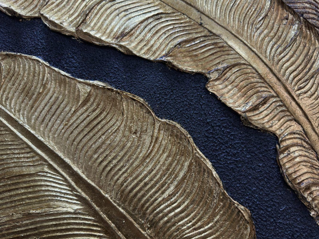 Slyart 100% Hand-Painted 3D Black and Gold Textured Wall Art, Modern Gold Banana Leaf Oil Paintings on Canvas Wall Decor