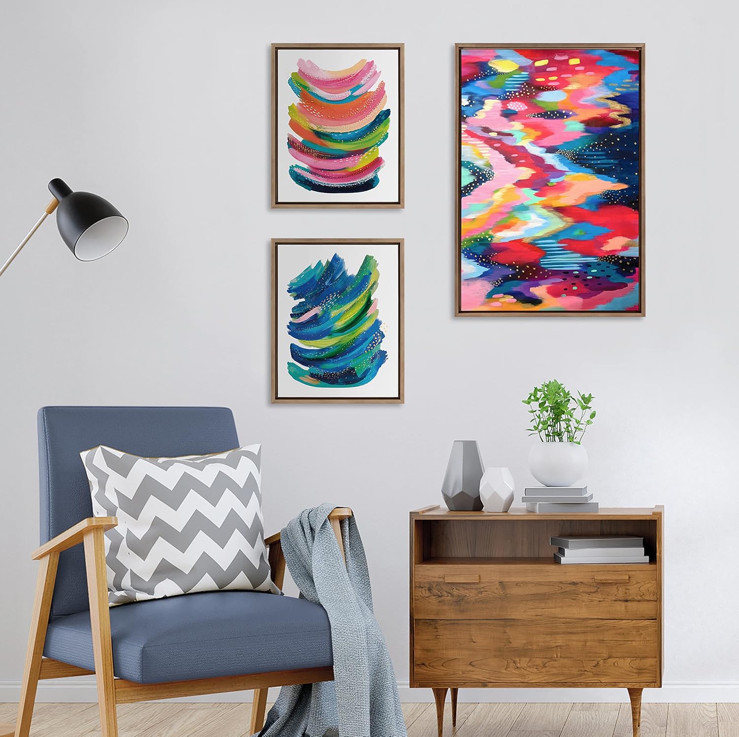 Kate and Laurel Sylvie Brushstroke 100, Bright Abstract and 2 Framed Canvas Wall Art Set by Jessi Raulet of Ettavee, 3 Piece Set, 16x20 and 23x33, Gold Frame, Colorful Striking Wall Art, Home Décor