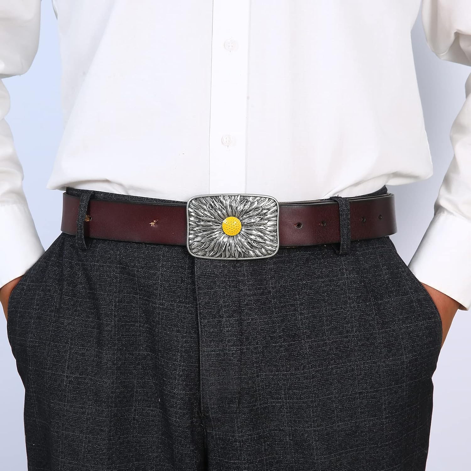 Men's Western Belt Buckle - Turquoise Texas Longhorn Bull Design for Cowboy & Rodeo Style