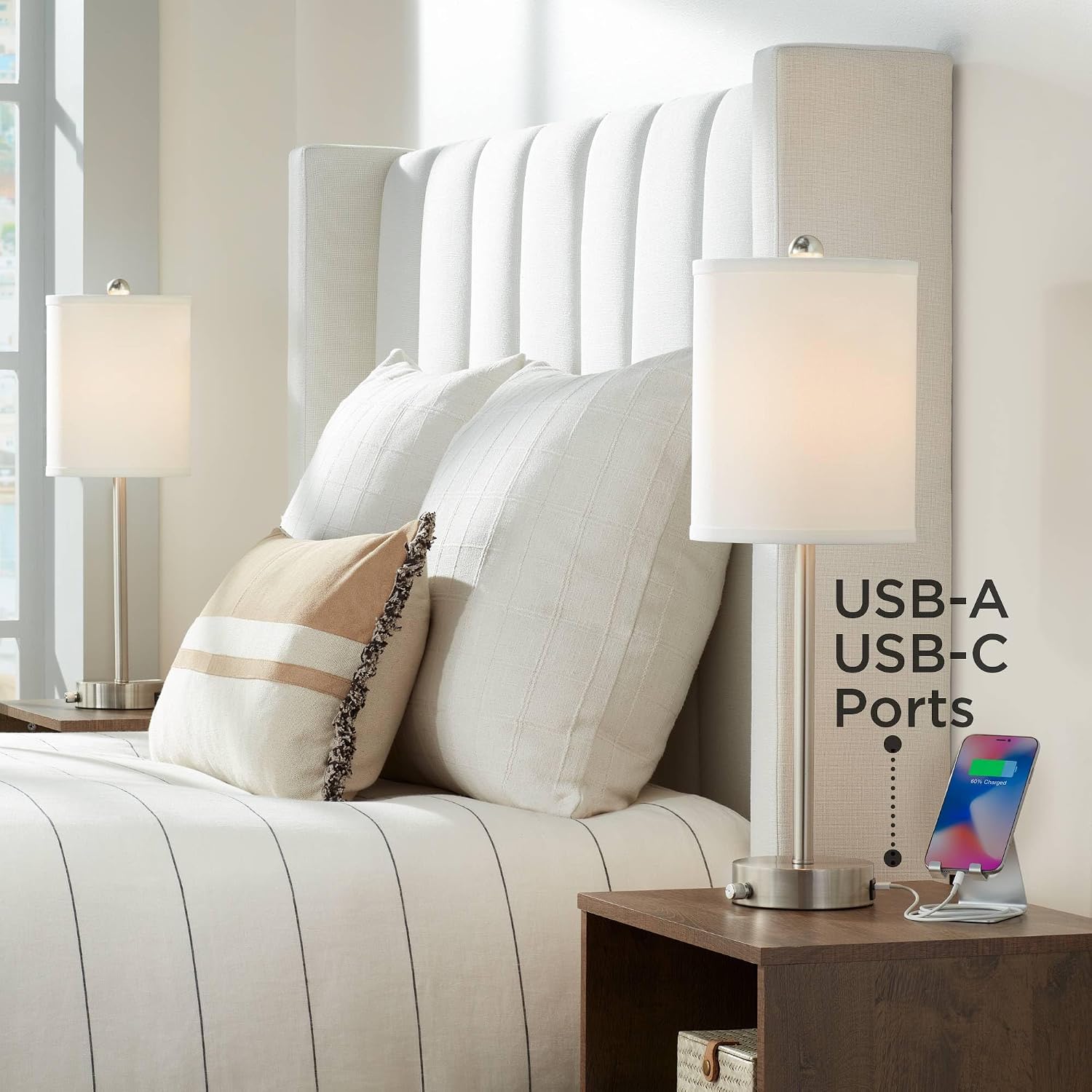 360 Lighting Trotter 23.75' High Set of 2 Modern Table Lamps with Dimmable USB Charging Ports A+C and AC Power Outlet Brushed Nickel White Fabric Cylinder Living Room Desk Bedroom House Bedside Home