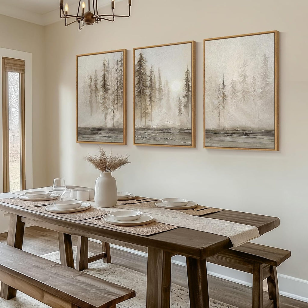 Large Framed Neutral Abstract Landscape Set of 3 Living Room Wall Art, Modern Misty Pine Forest Canvas Artwork for Walls, Beige Rustic Farmhouse Nature Wall Decor for Bedroom Hallway Office, 24x36 In