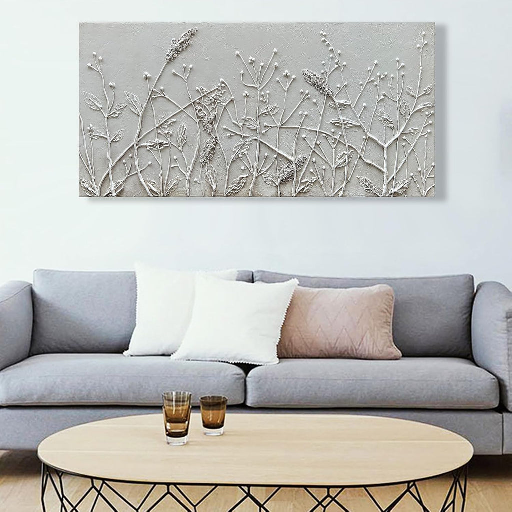Hand Painted White Abstract Flower Oil Painting Home Wall Decorative Art 24x48 Inches