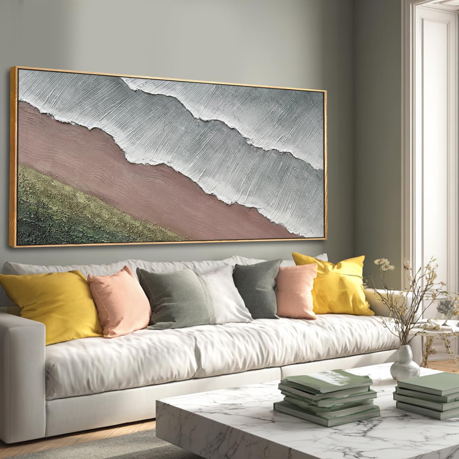 SHEYOYE Grey Blue and Taupe Abstract Mountain Canvas Wall Art with Olive Green Hills, 32x71 Large Textured Landscape Decor in Wooden Frame for Living Room Bedroom Entryway