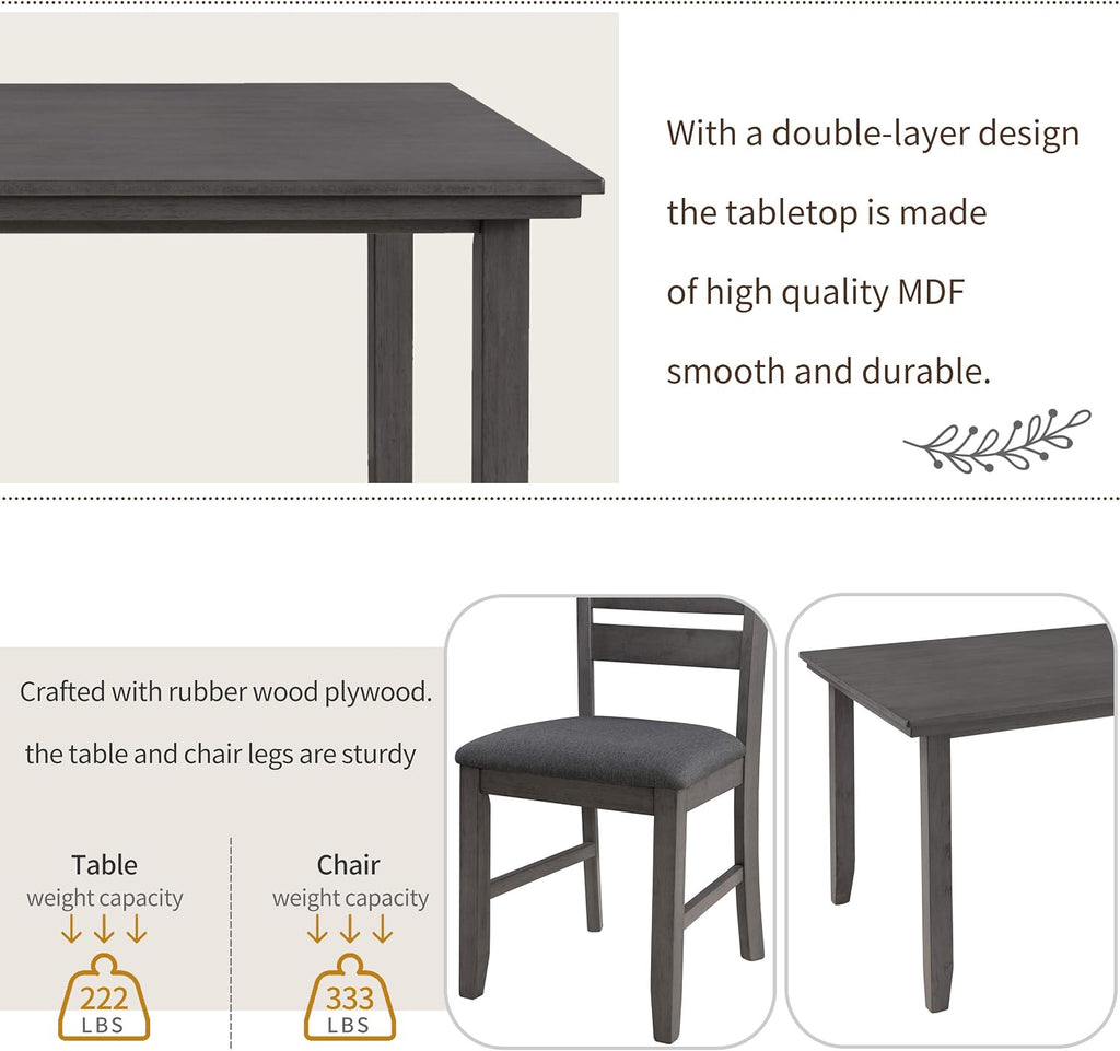 Wood Dining Table Set with Bench and 4 Chairs, 6 Piece Dining Room Table Set for 6 People, Rustic Style Kitchen Table Set (Gray+Cushion seat)