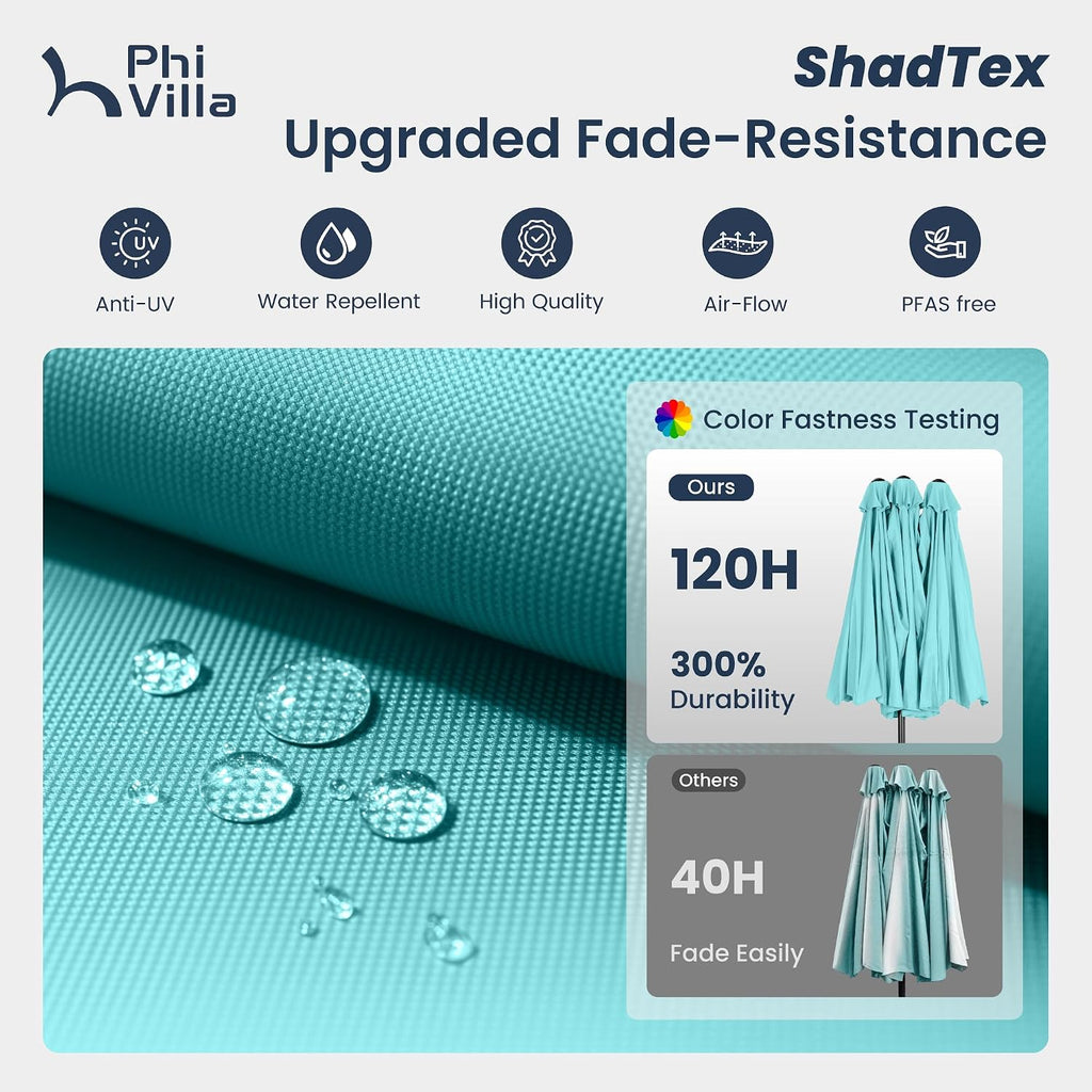 PHI VILLA 15ft Large Patio Umbrella with Solar Lights, Double-Sided Outdoor Market Rectangle Umbrellas with 36 LED Lights, Umbrella Base (Stand) Included, Turquois