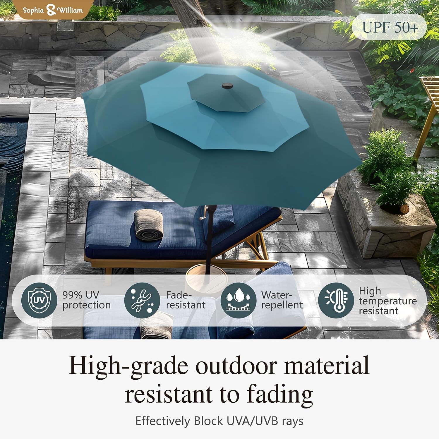 Sophia & William 10ft Patio Umbrellas 3-Tier Umbrella Outdoor Patio Umbrellas with Lights Vented Top 24 LED lights Adjustable Tilt for Pool Garden Backyard, Mixed Peacock