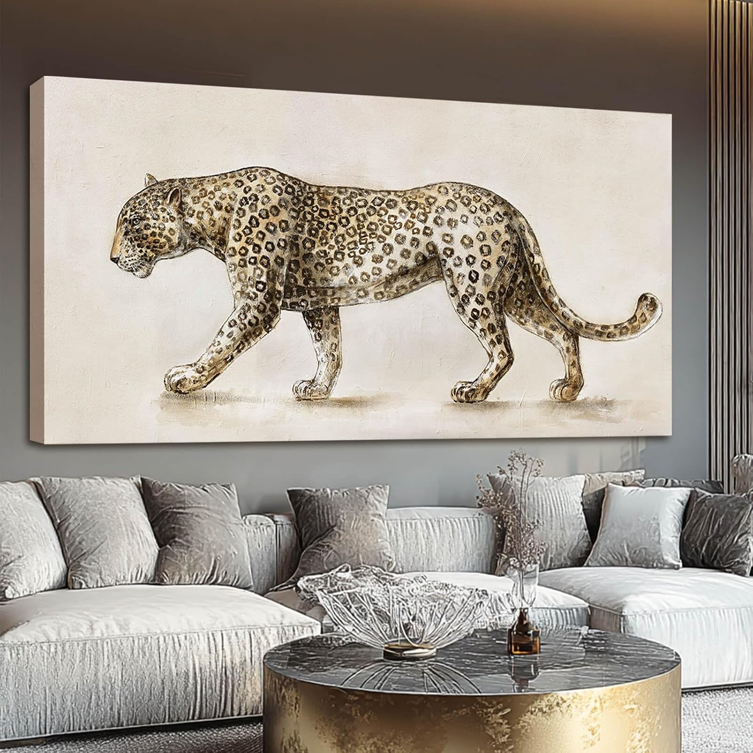YETHEN WAL Safari Leopard Canvas Wall Art Gray Jungle Animal Canvas Art Neutral Tones Wall Decor for Living Room Bedroom Office Decor 29x58 Inch