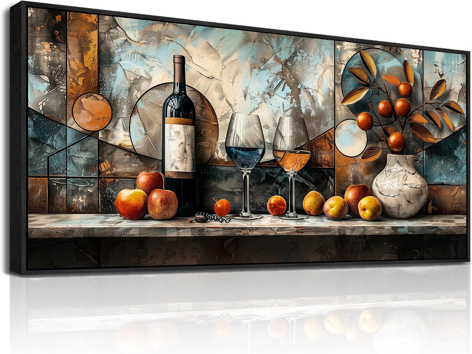 XIGUANGART Kitchen Pictures Wall Decor,Extra Large Framed Wall Art,Fruit Harvest Still Life Wall Art For Dining Room Vintage Picture Artwork Wine Glass Painting Pub Living Room Home Decor 32x72 In