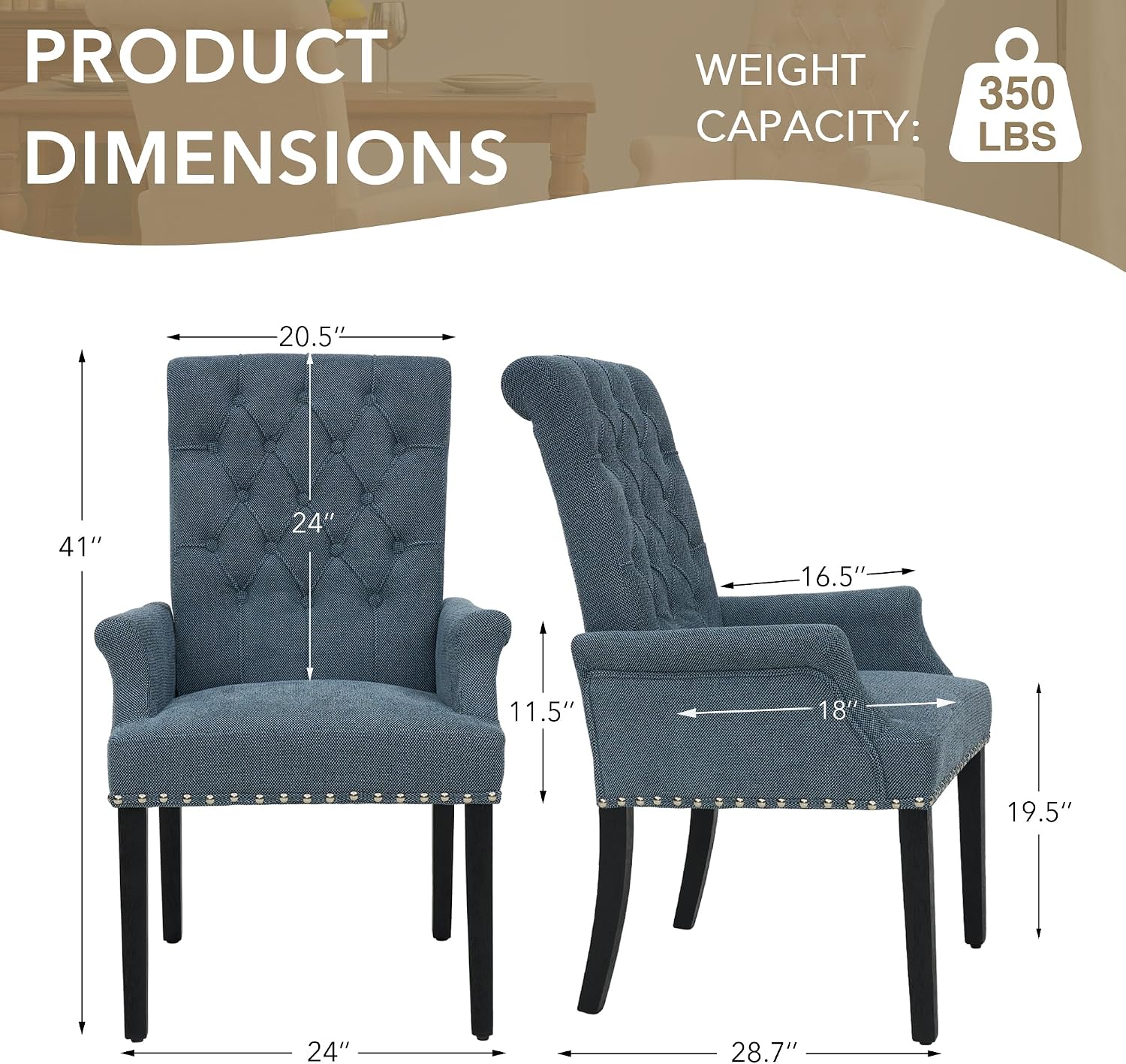 LOULENS Fabric Dining Chairs, Upholstered Tufted Armrest Chairs, Accent Chairs with Nailhead Trim, Black Solid Wood Legs for Home, Kitchen Living Room, Light Blue
