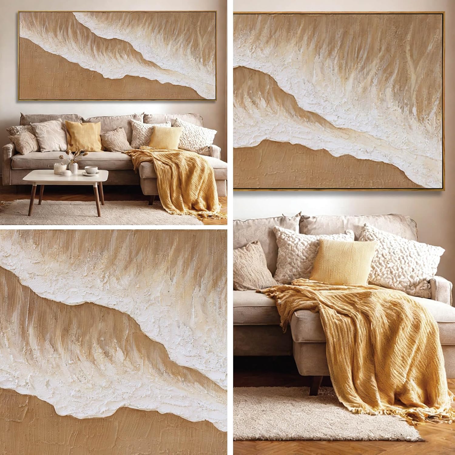 Beige Cream Neutral Abstract Wall Art, 32x70 Inch Large Framed Canvas Wall Art, Modern Horizontal Printed Artwork with Wooden Frame for Living Room