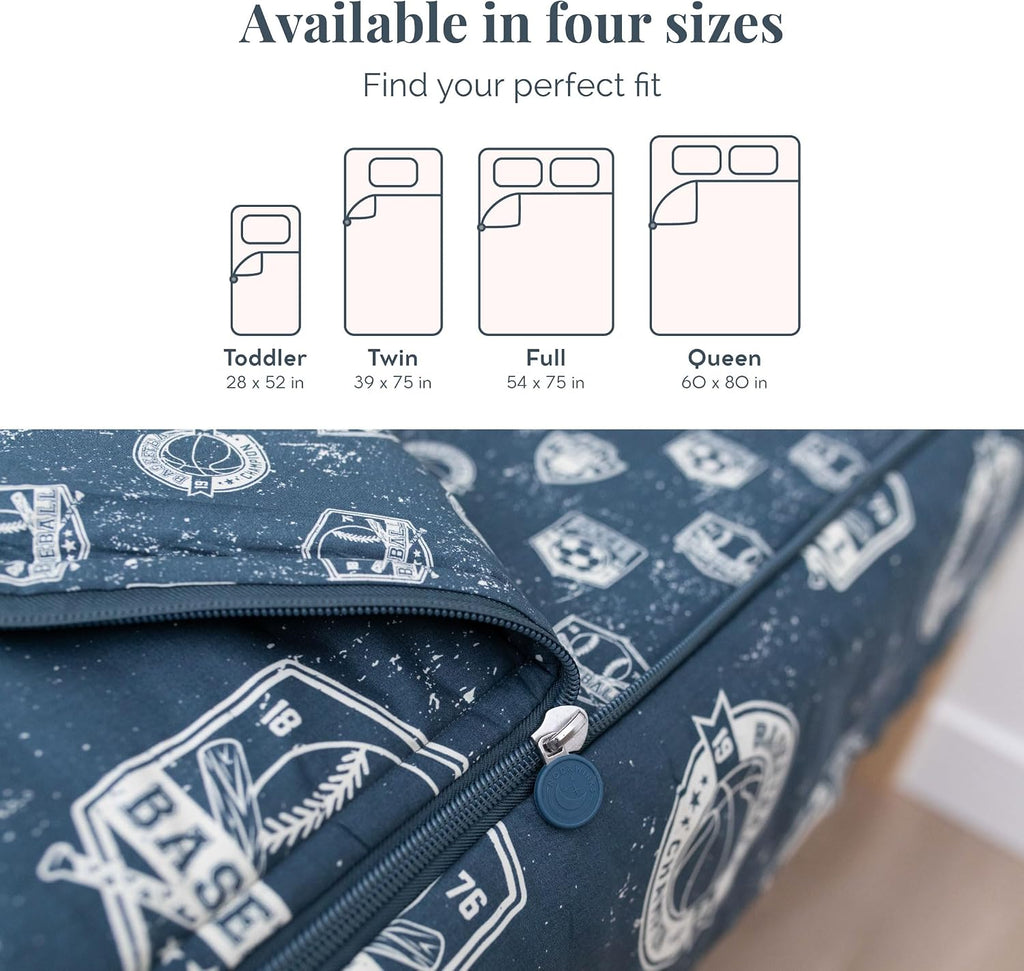 Beddy's Sports Theme Durable Zipper Bedding for Kids - Bed in a Bag - Blue Sheets with Baseball, Football, Basketball, Soccer Comforter - Includes Pillowcase & Sham - Easy to Make & Wash - Full