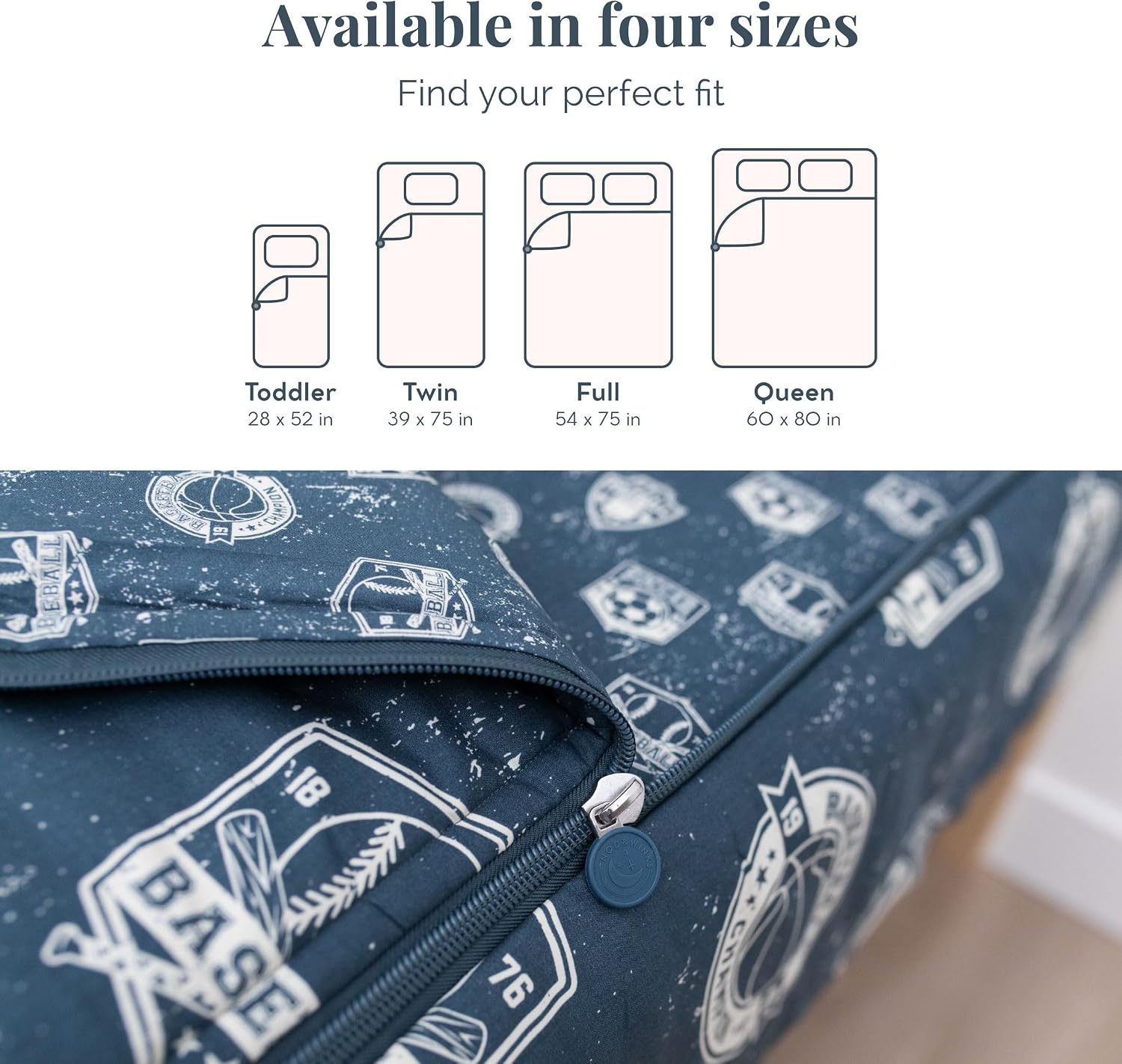 Beddy's Sports Theme Durable Zipper Bedding for Kids - Bed in a Bag - Blue Sheets with Baseball, Football, Basketball, Soccer Comforter - Includes Pillowcase & Sham - Easy to Make & Wash - Full