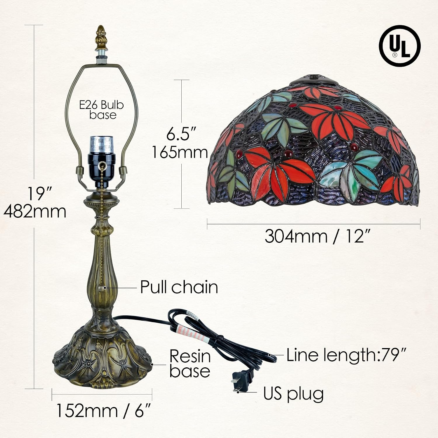 Tiffany Style Stained Glass Table Lamp, Maple Leaf Desk Light with Antique Bronze Resin Base, Multicolor Reading Lighting for Bedroom, Living Room, Office 12'X12'X19 (Maple-Purple Blue)