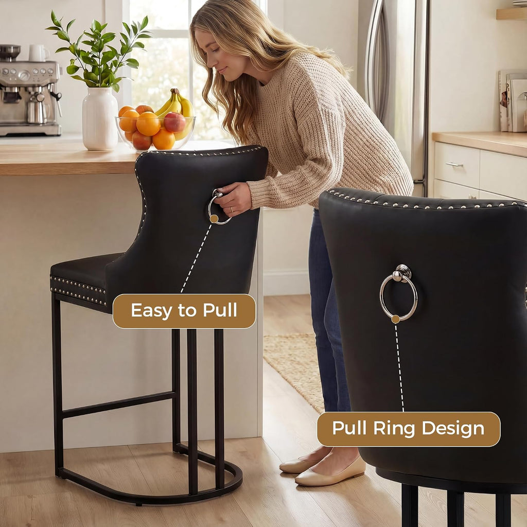 AQO 26 Inch Bar Stools Set of 2, Modern Counter Height Bar Stools with Backs, Upholstered Faux Leather Counter Stools for Kitchen Island, Black