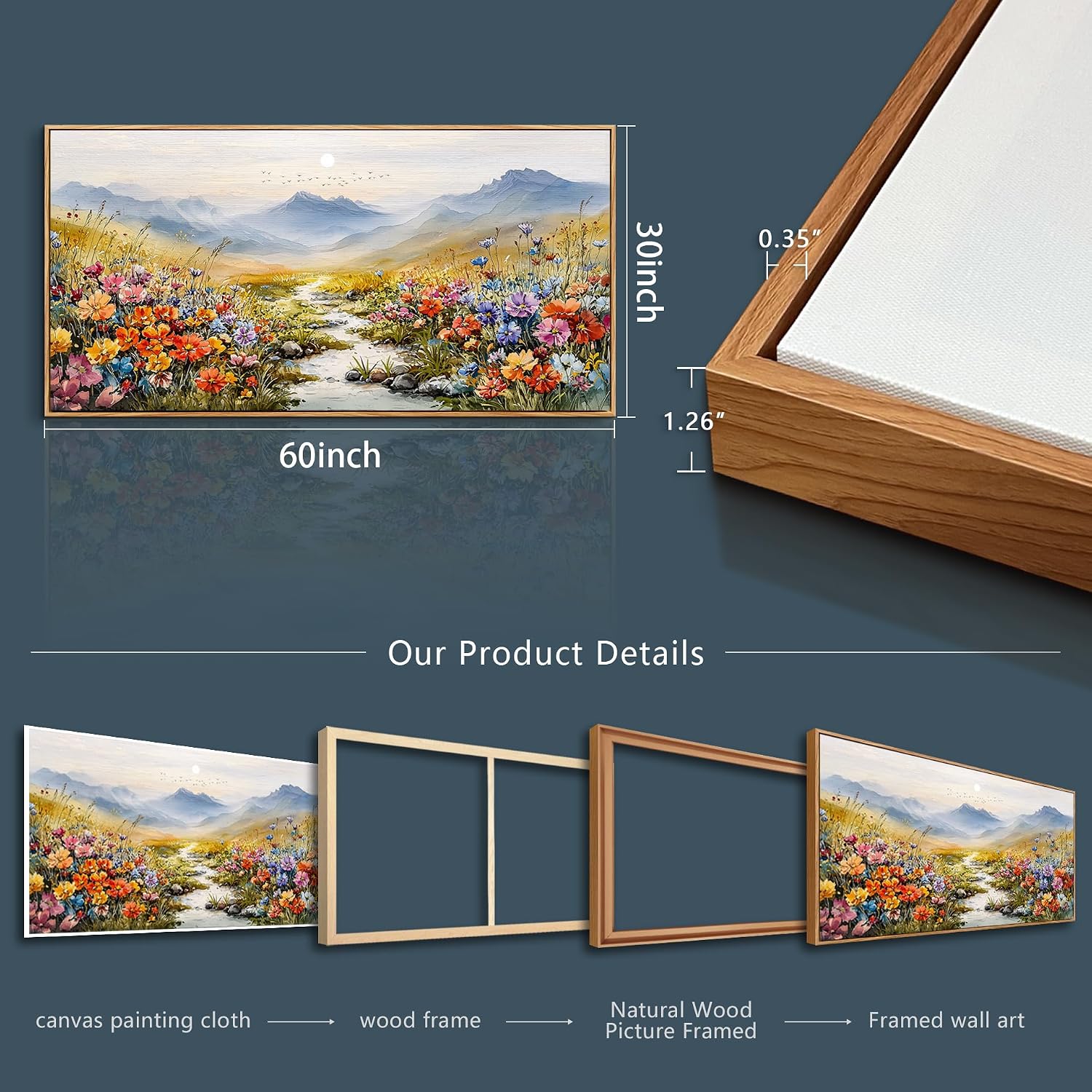 XIGUANGART Extra large Framed Wall Art, Floral Wall Decor,Flower Pictures Wall Decor, Wildflower Botanical Wall Art, Landscape Canvas Painting for Living Room Bedroom Kitchen Sofa Farmhouse 30'x60'