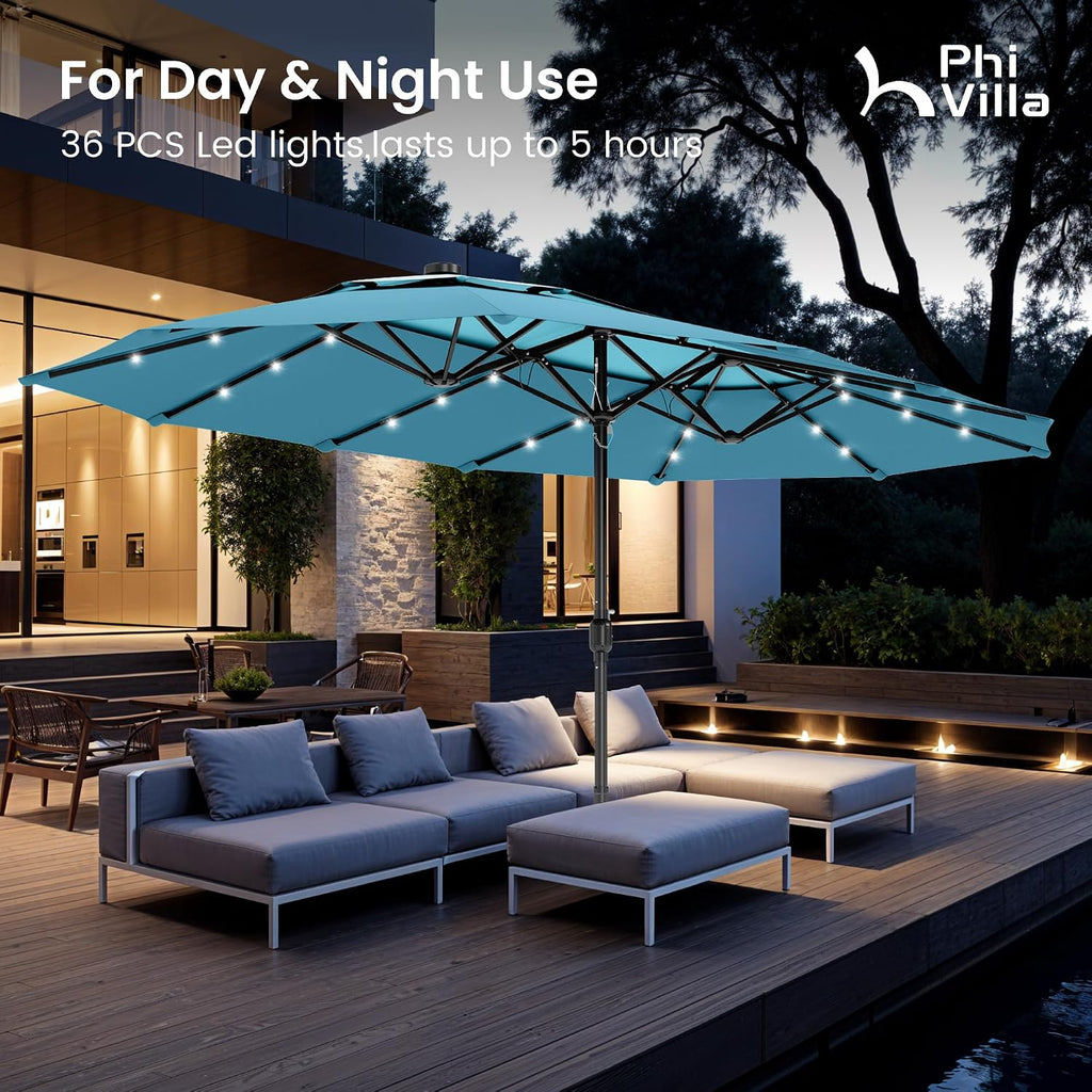 PHI VILLA 15ft 2-Tier Large Patio Umbrella with Solar Lights, Double-Sided Outdoor Market Rectangle Umbrellas with 36 LED Lights, Umbrella Base (Stand) Included, Blue&Cerulean