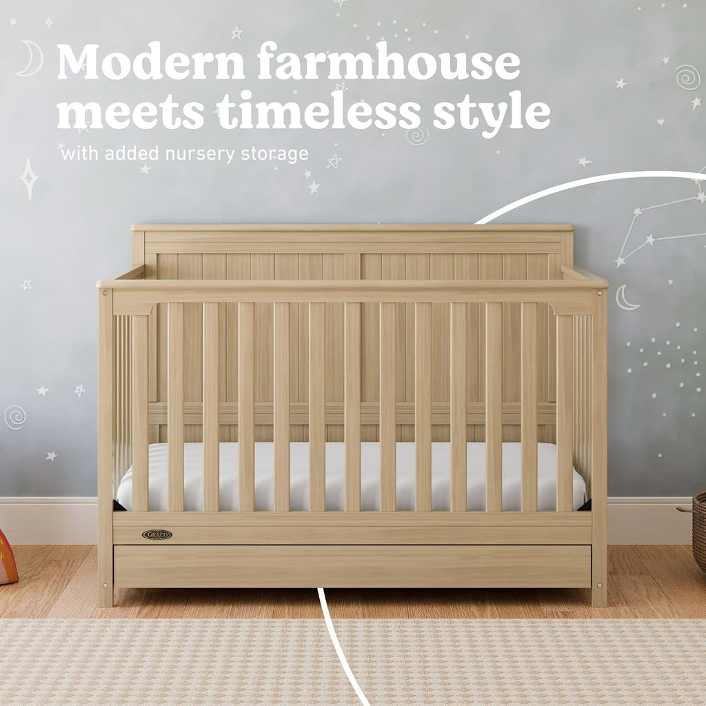Graco Hadley 5-in-1 Convertible Crib with Drawer – GREENGUARD Gold Certified, Fits Standard Crib Mattress, Converts to Toddler Bed, Daybed and Full Bed, 4 Adjustable Mattress Heights (Driftwood)