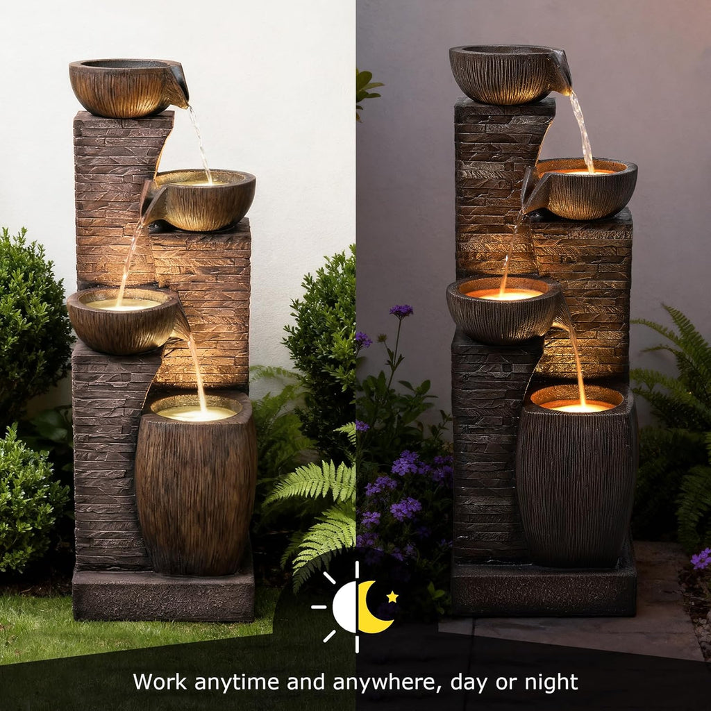 38.2' Tall Water Fountain Outdoor Garden,4 Tiers Modern Cascading Bowls and Stacked Stones Indoor Fountains with LED Lights for Patio, Deck, Porch, Backyard and Home Art Decor(Reddish-Brown