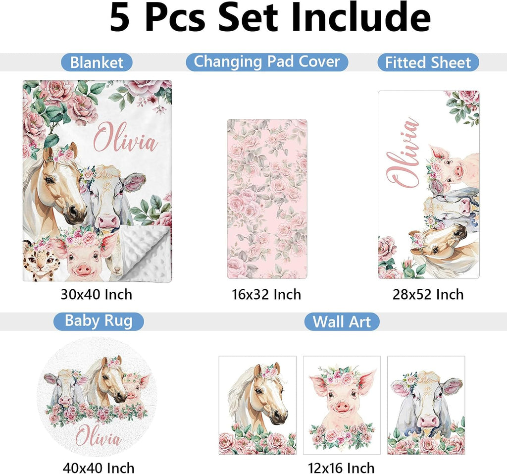 KAINSY Personalized Floral Animal Crib Bedding Set, 5 Pcs Custom Baby Crib Set with Name, Double Layer Nursery Bedding Set, Soft Baby Bedding Crib Set for Girls, Customized Gift for Toddler Infant