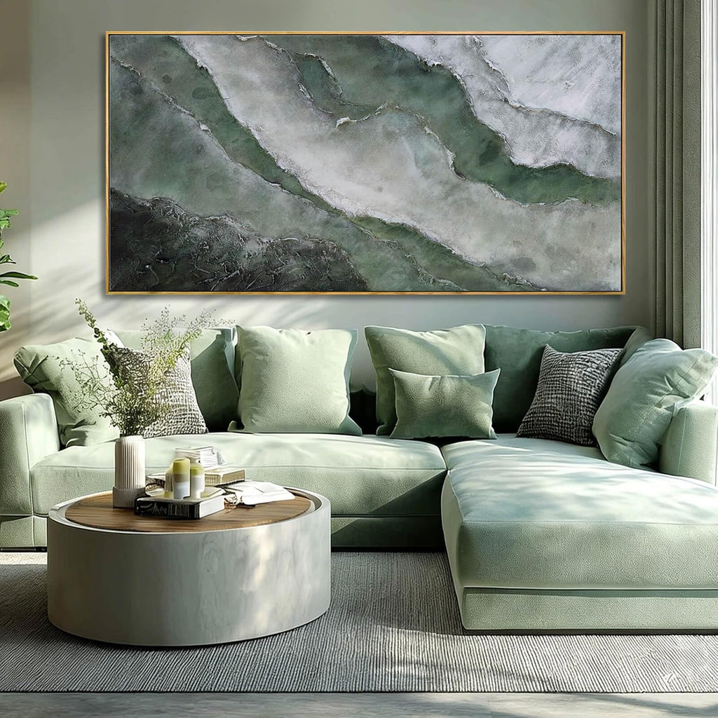 Green and White Abstract Wall Art 29x58 Inch, Large Framed Canvas Painting with Wooden Frame, Modern Abstract Wall Decor for Living Room Bedroom Dining Room or Office