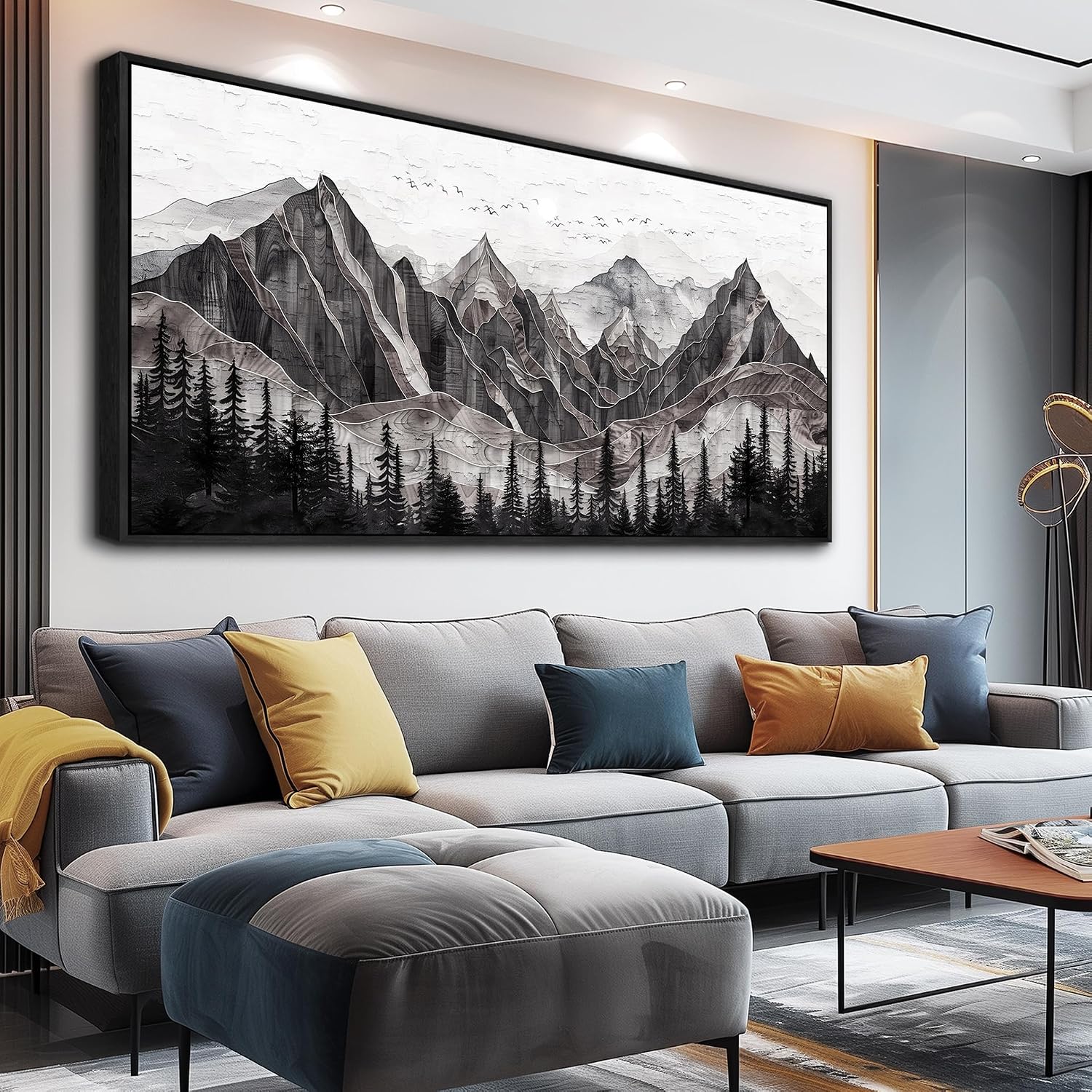 XIGUANGART Large Abstract Mountain Wall Art Farmhouse Canvas Art Print Painting Forest Nature Wall Decor Watercolour Modern Landscape Picture for Living Room Bedroom Office Decorations Framed Artwork