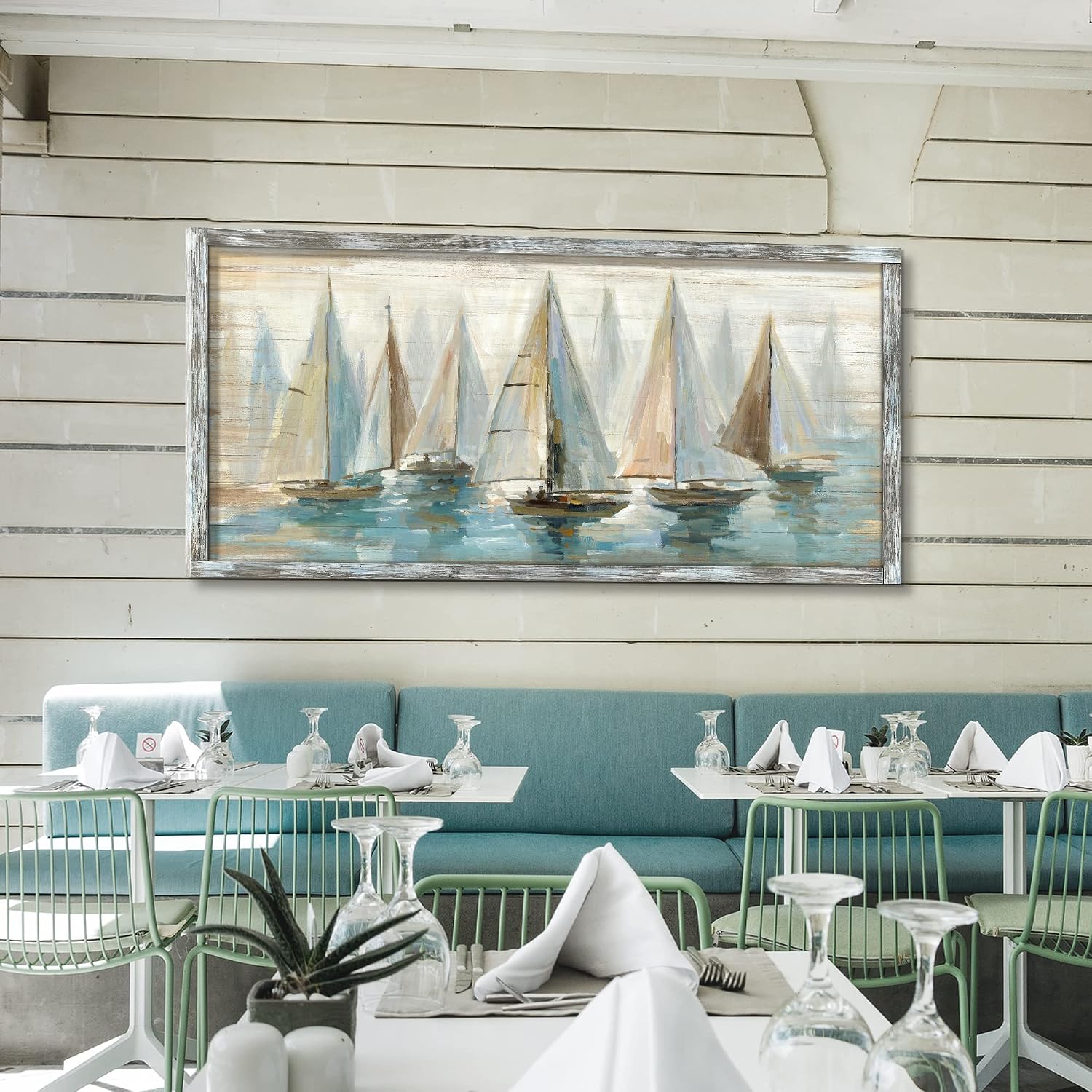 Ocean Pictures Wall Art Framed: Beach Seaside Artwork Coastal Sailboat Art on Wooden Seascape Painting for Living Room(60x30)