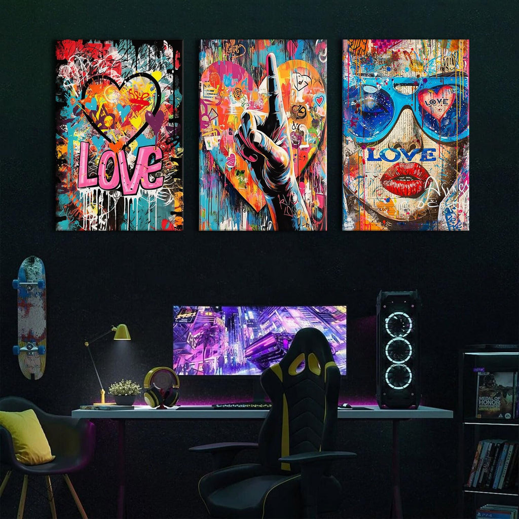 Banksy Art Wall Decor Cool Street Graffiti Canvas Wall Art Abstract Artist Love Gesture Posters Print Artwork Colorful Giclee Framed Artwork for Mens Bedroom Trendy Player Home Decoration 24x36 3 Pcs