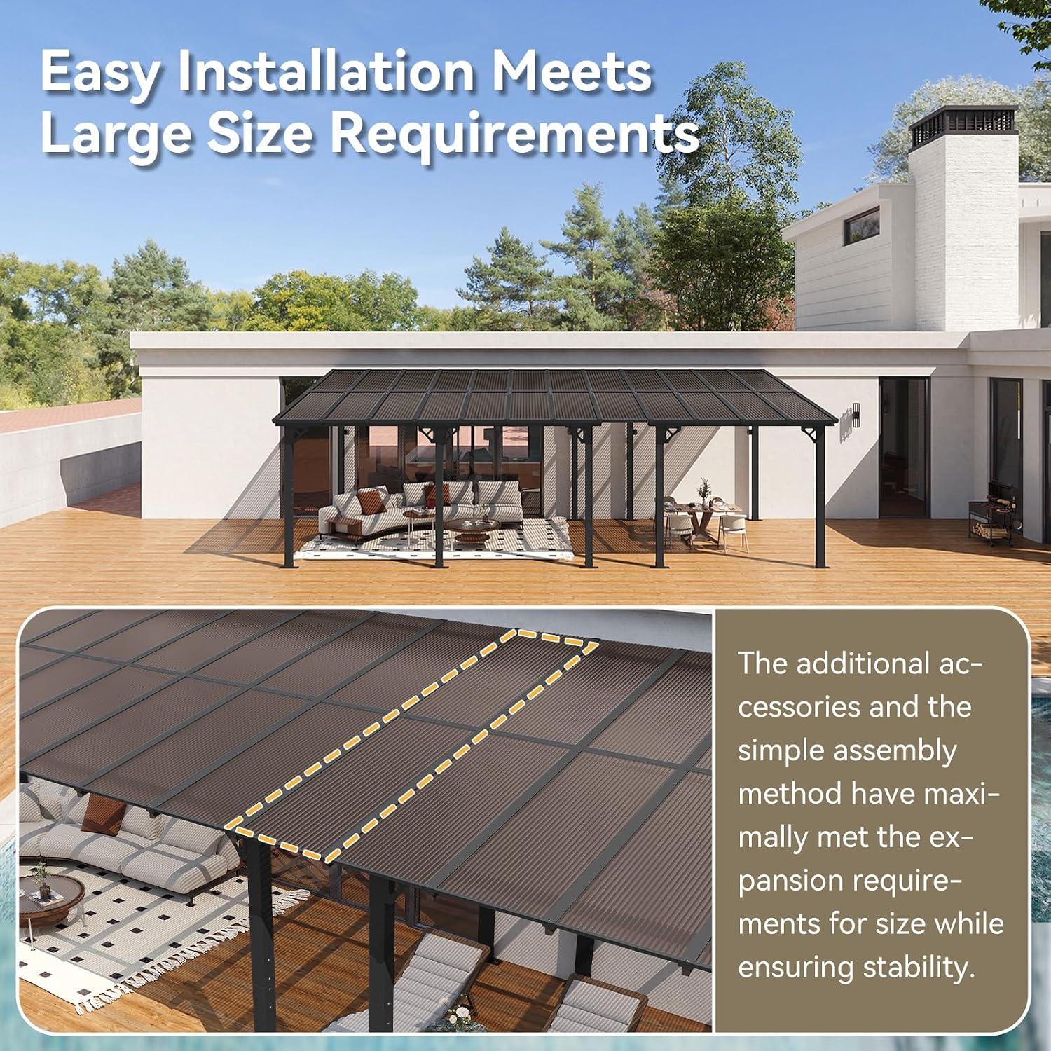 Aoxun 24' x 10' Pergola for Patio, Gazebo with Sloped Roof, Grill Pergola Large Wall-Mounted Heavy Duty Awnings, for Backyard, Deck, Patio