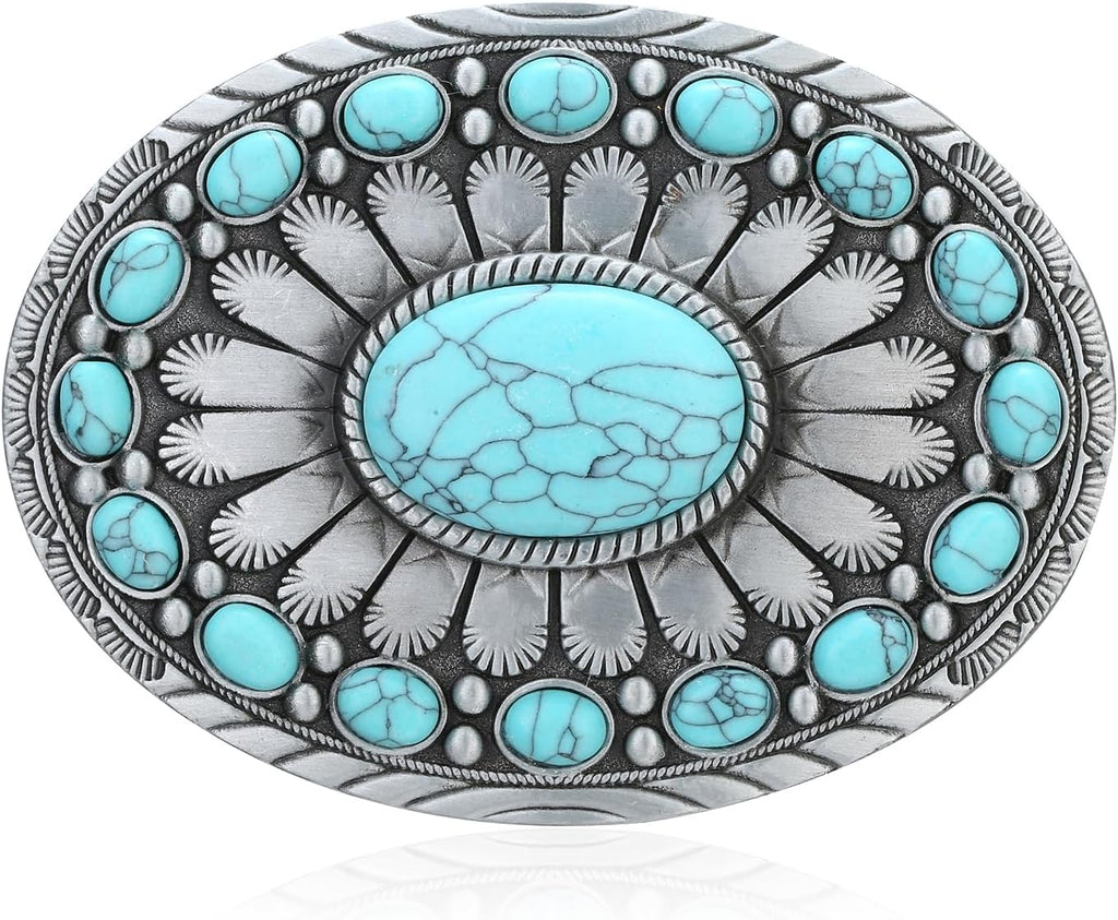 Men's Western Belt Buckle - Turquoise Texas Longhorn Bull Design for Cowboy & Rodeo Style