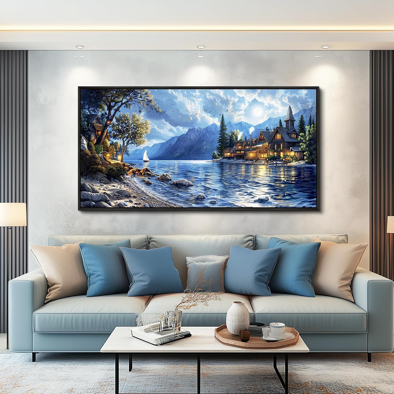 XIGUANGART Coastal Wall Art Blue Ocean Picture Mountain Wall Decor Lake Beside Countryside Large Canvas Print Art for Living Room Bedroom Home Office Forest Scenery Painting Decoration Framed Artwork