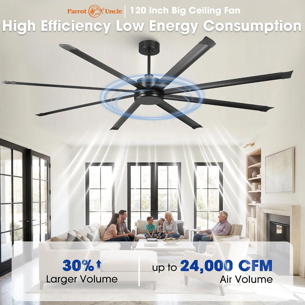 120 Inch Ceiling Fans Industrial Black Big Ceiling Fans without Lights, Remote Control, Quiet Reversible DC Motor Outdoor Ceiling Fans, 8 Aluminum Blades, 10 ft Commercial Fans for Shop Gym Warehouse