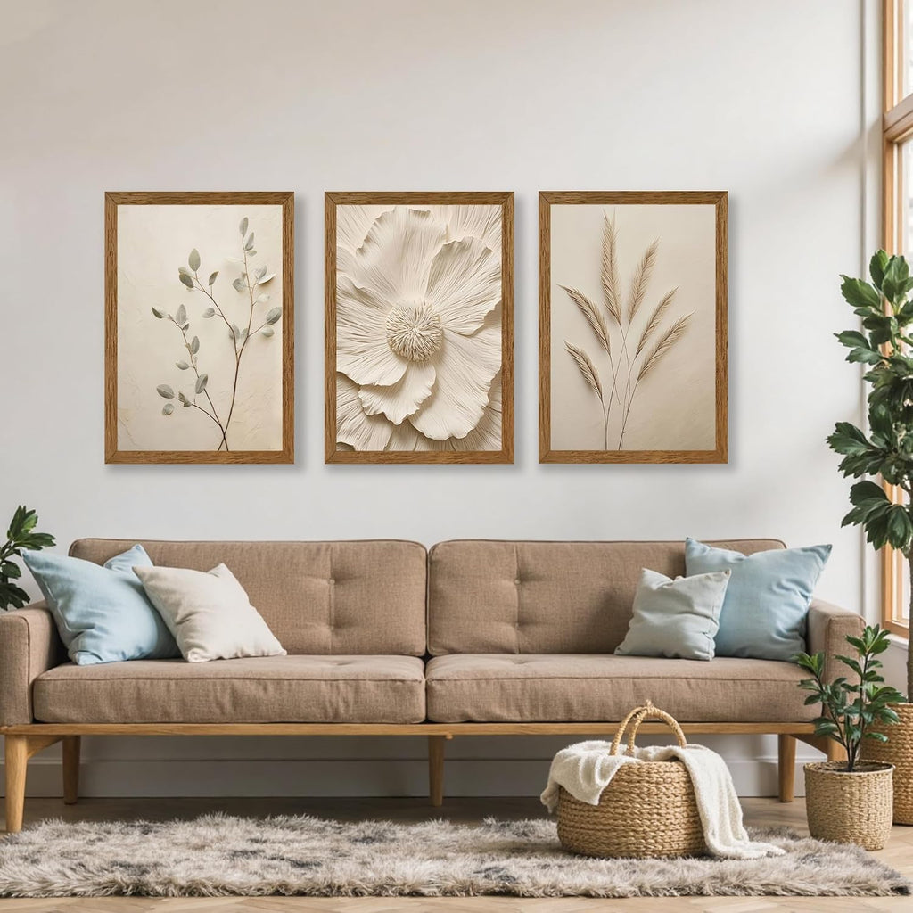JLTULT 3 Piece Framed Neutral Beige Floral Canvas Wall Art, Modern Simple Texture Blossom Wall Decor, Vintage Botanical Flower Art Prints for Living Room Bedroom Farmhouse 20x30 inch Ready to Hang