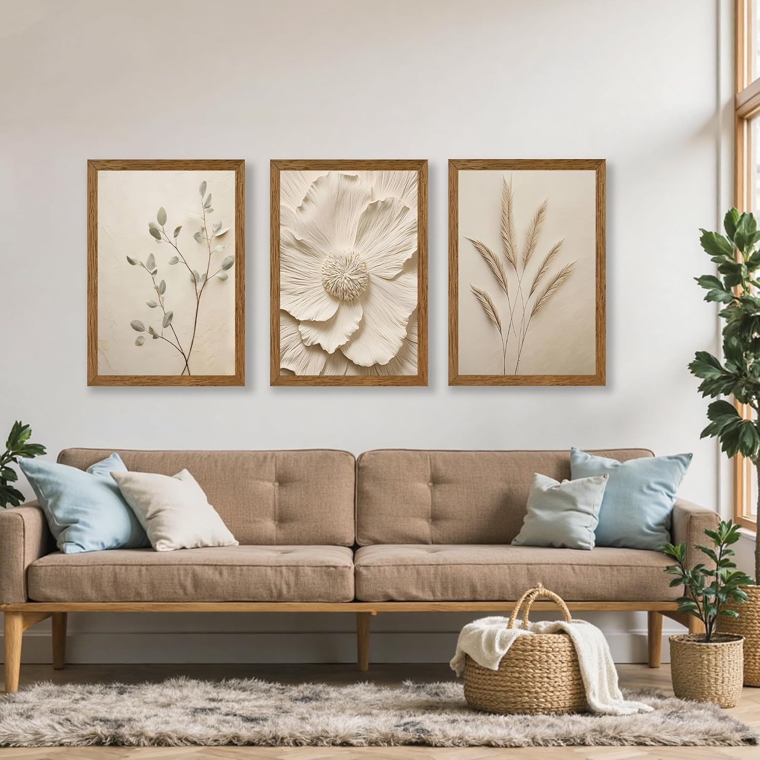 JLTULT 3 Piece Framed Neutral Beige Floral Canvas Wall Art, Modern Simple Texture Blossom Wall Decor, Vintage Botanical Flower Art Prints for Living Room Bedroom Farmhouse 20x30 inch Ready to Hang