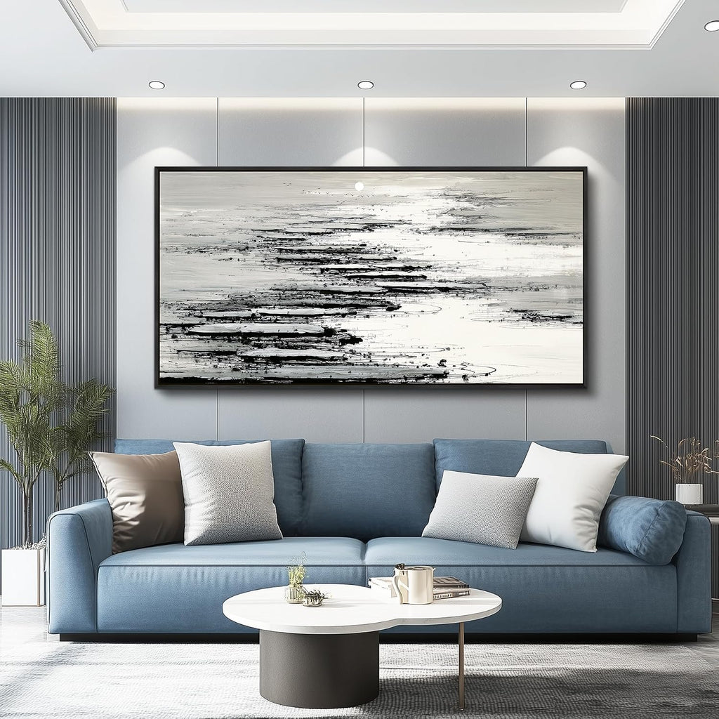 XIGUANGART Black and White Wall Art for Living Room Large Framed Canvas Print Minimalist Ocean Skyline Sunset Abstract Pictures Modern Painting For Bedroom Office Home Wall Decor Ready to Hang