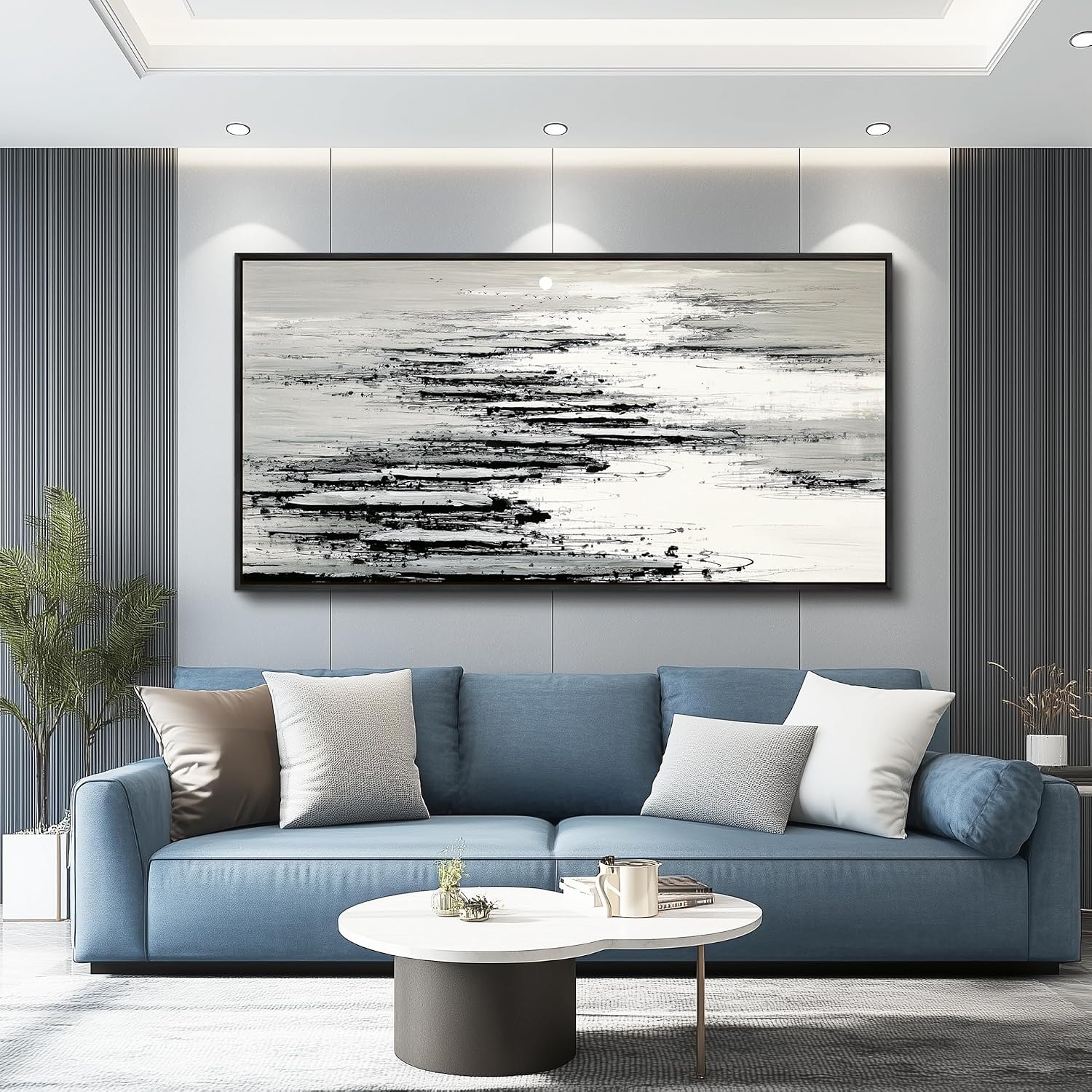 XIGUANGART Black and White Wall Art for Living Room Large Framed Canvas Print Minimalist Ocean Skyline Sunset Abstract Pictures Modern Painting For Bedroom Office Home Wall Decor Ready to Hang