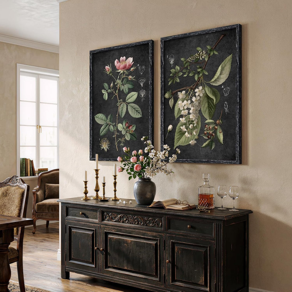 Large Framed Vintage Botanical Wall Art Set of 2, Rustic Retro Dark Floral Canvas Paintings Prints, Antique Flower Pictures for Farmhouse Living Room Hallway Bedroom Dining Room Wall Decor, 24x36 Inch
