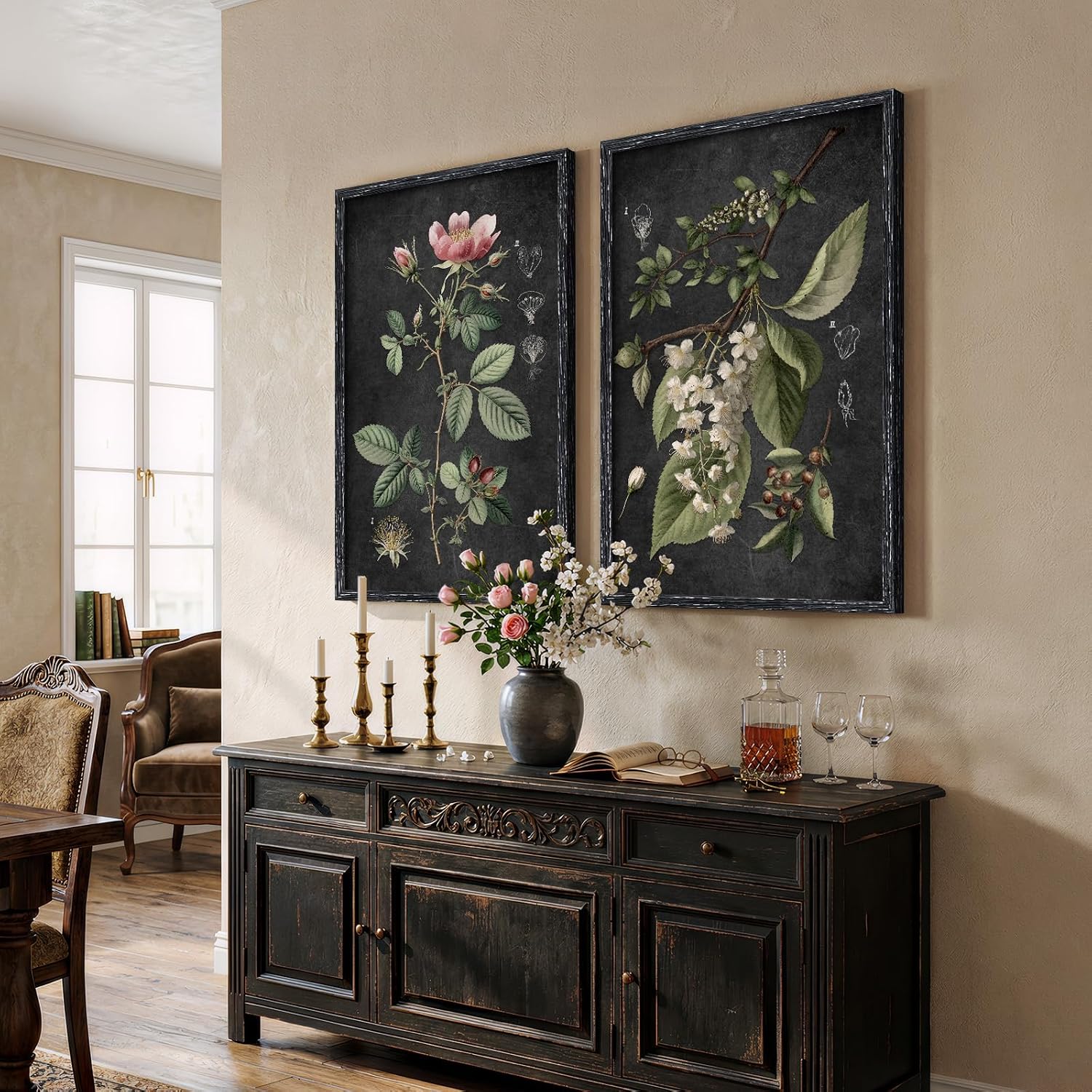Large Framed Vintage Botanical Wall Art Set of 2, Rustic Retro Dark Floral Canvas Paintings Prints, Antique Flower Pictures for Farmhouse Living Room Hallway Bedroom Dining Room Wall Decor, 24x36 Inch